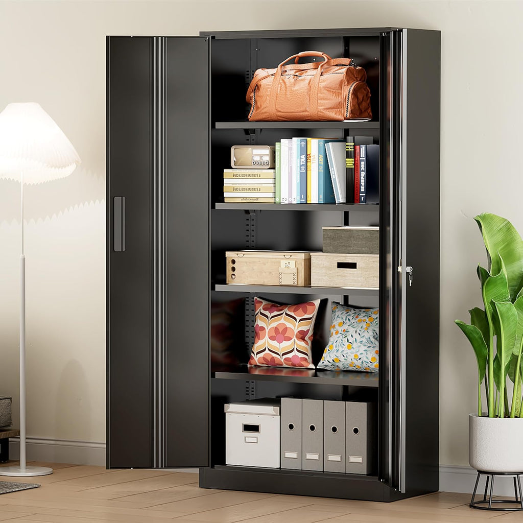 Greenvelly Metal Storage Cabinet, 72' Black Locking Storage Cabinets with Doors and 4 Shelves, Tall Tool Storage Cabinet for Garage, Steel Lockable File Cabinet Metal Locker for Home Office, Classroom