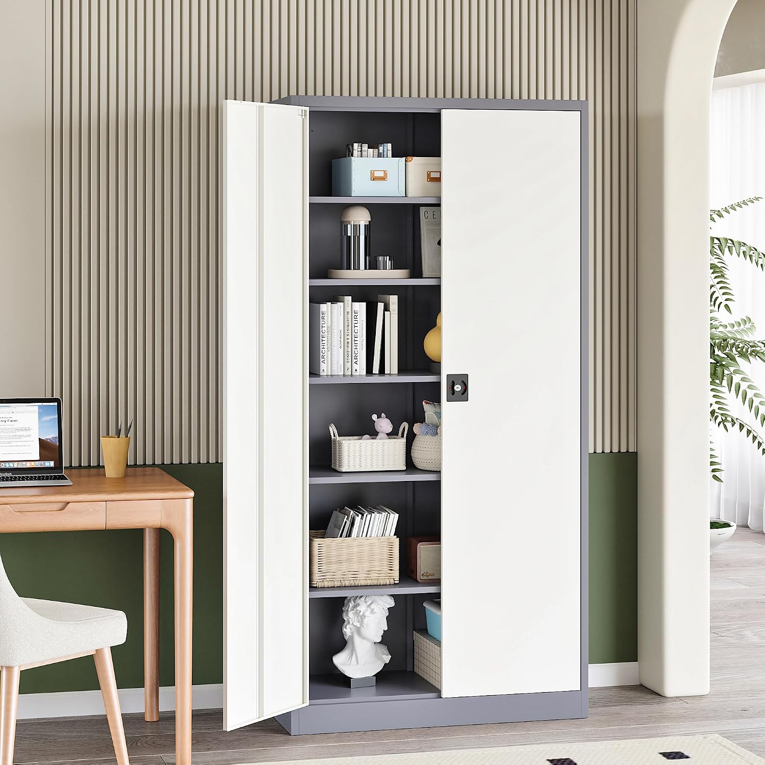 RAVIGIN Metal Garage Storage Cabinet with Lock, 71' Locking Tool Cabinet with 2 Doors and 5 Adjustable Shelves, Tall Steel Cabinet Garage for Home,Office,Warehouse，School (Grey White)