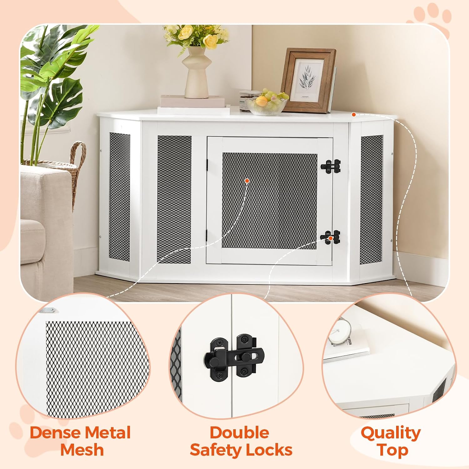 MAHANCRIS Corner Dog Crate Furniture, Wooden Dog Kennel End Table, Decorative Pet Crate Indoor Use, Furniture Style Dog House for Small Medium Dog, Dog Cage TV Stand, White and Black DCWT0801