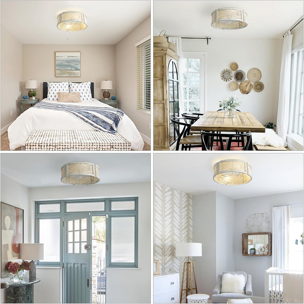 20' Boho Ceiling Fans with Lights, Rattan Flush Mount Ceiling Fan with Light Remote Control with Caged 6 Speeds for Bedroom, Nursery, Living Room (White)