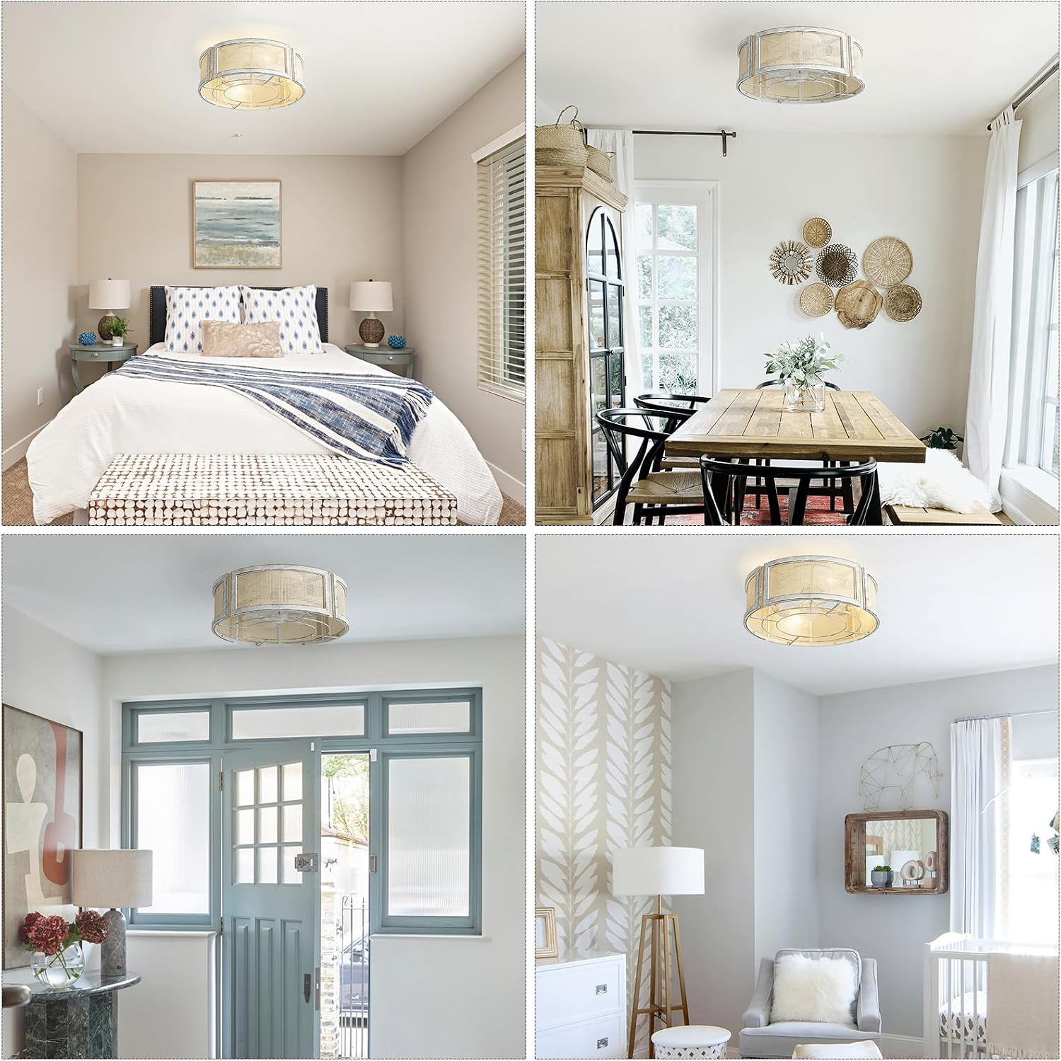 20' Boho Ceiling Fans with Lights, Rattan Flush Mount Ceiling Fan with Light Remote Control with Caged 6 Speeds for Bedroom, Nursery, Living Room (White)