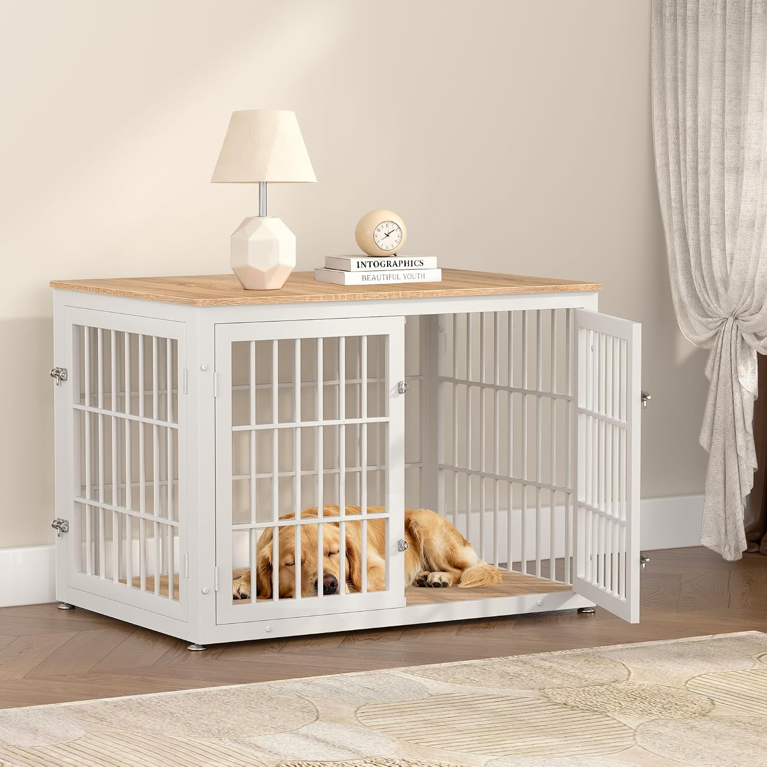 rehomerance 42 Inch Heavy Duty Dog Crate Furniture for Large and Medium Dogs, Decorative Pet House End Table, Wooden Cage Kennel Furniture Indoor, Natural and White