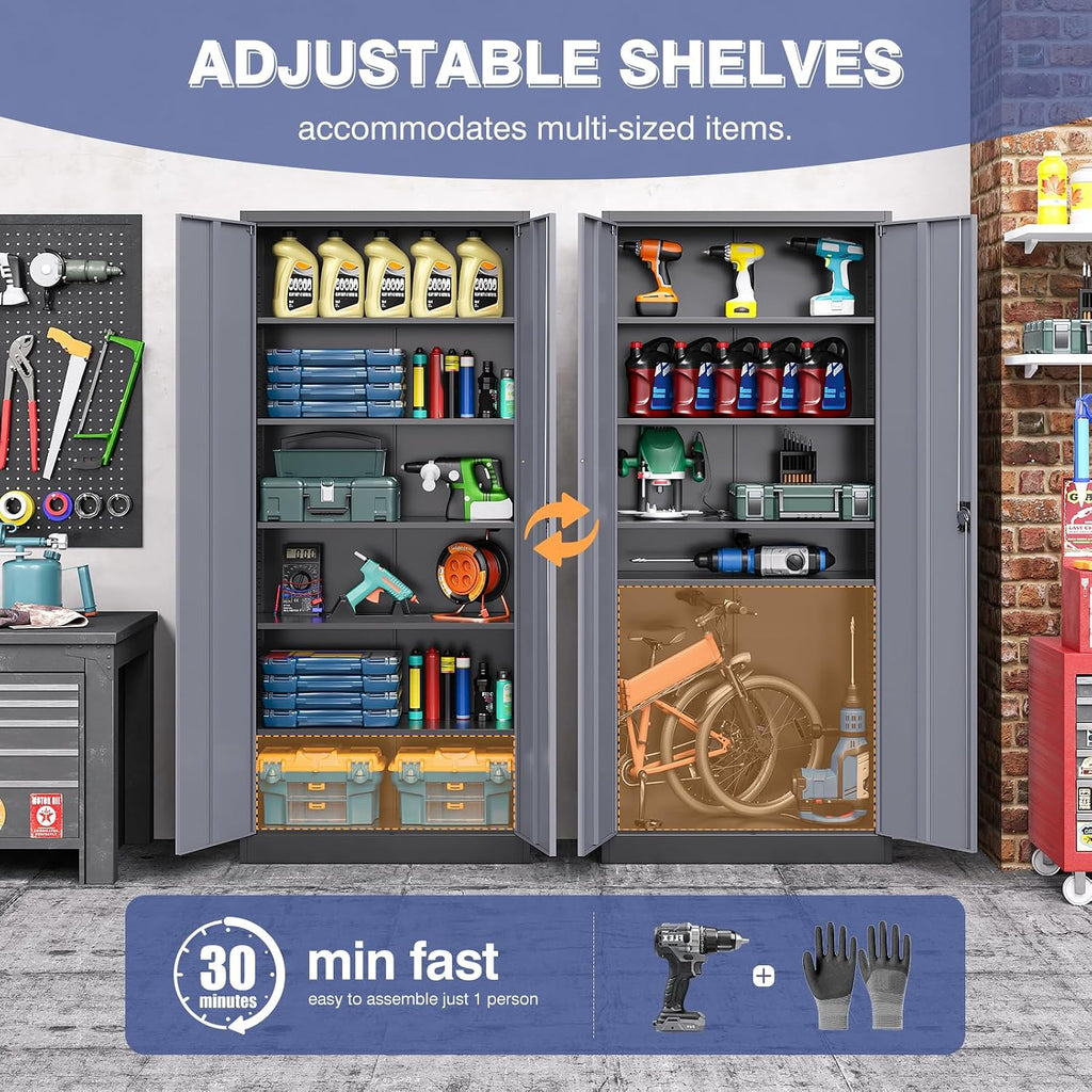 72 Inch Metal Cabinet,Locking Storage Cabinet with 2 Doors and 4 Adjustbale Shelves,Steel Tool Cabinet for Garage,Basement,Home Office,Gym(Grey& Black)