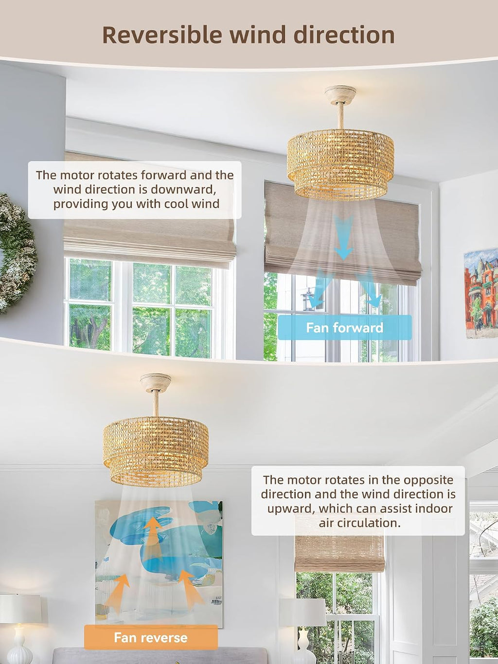 20' Boho Fandelier Ceiling Fans with Lights, Rattan Chandelier Ceiling Fan with Light Remote Control, Caged with 6 Speeds for Nursery, Living Room, Bedroom