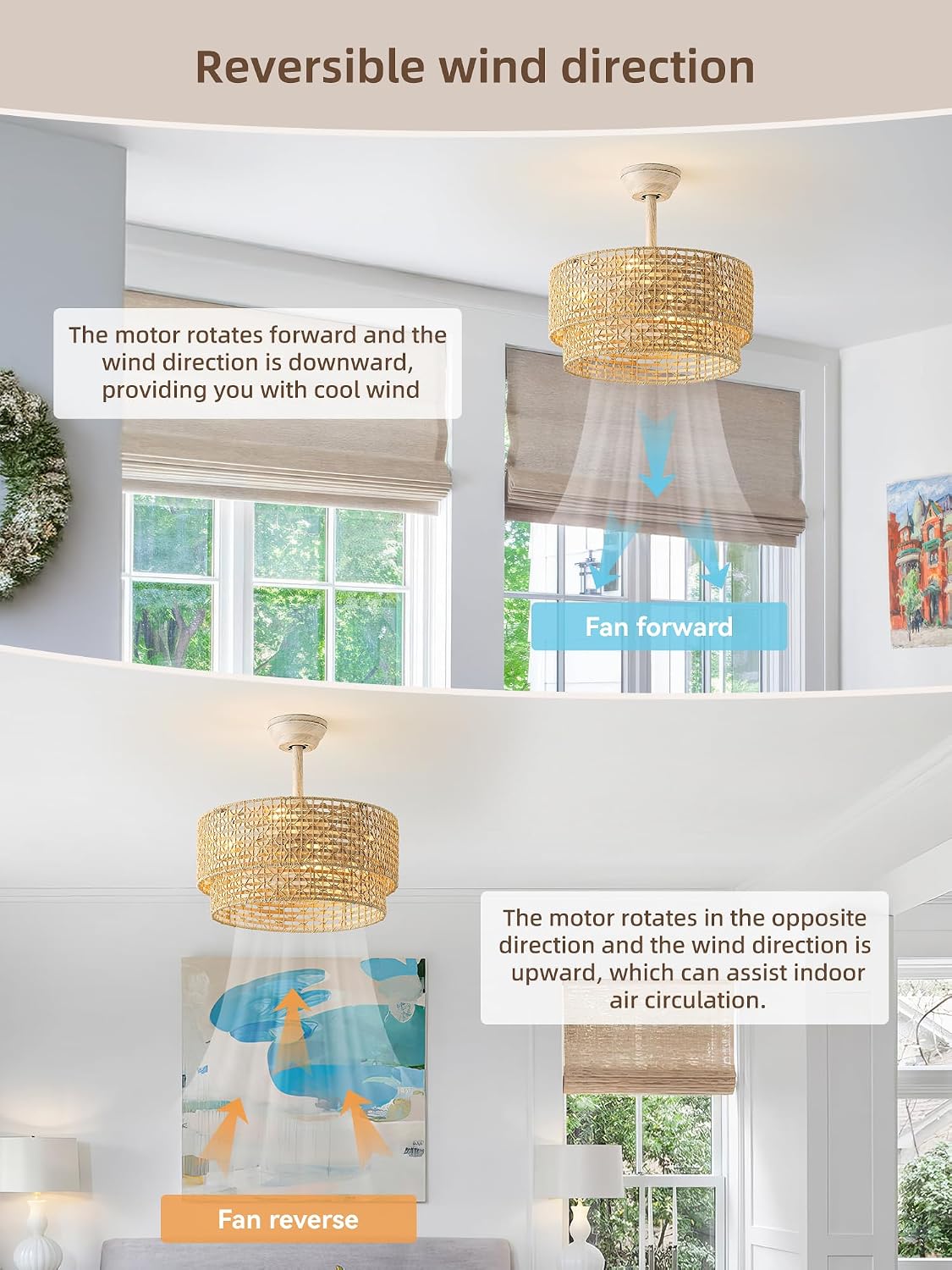 20' Boho Fandelier Ceiling Fans with Lights, Rattan Chandelier Ceiling Fan with Light Remote Control, Caged with 6 Speeds for Nursery, Living Room, Bedroom