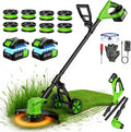 14' Electric String Trimmer Cordless Battery Powered Weed Eater with Wheel, 3-in-1 Cordless Grass Trimmer/Electric Weed Wacker/Edger, Weed Trimmer with 8 Replacement Spools for Garden, Lawn (Green)