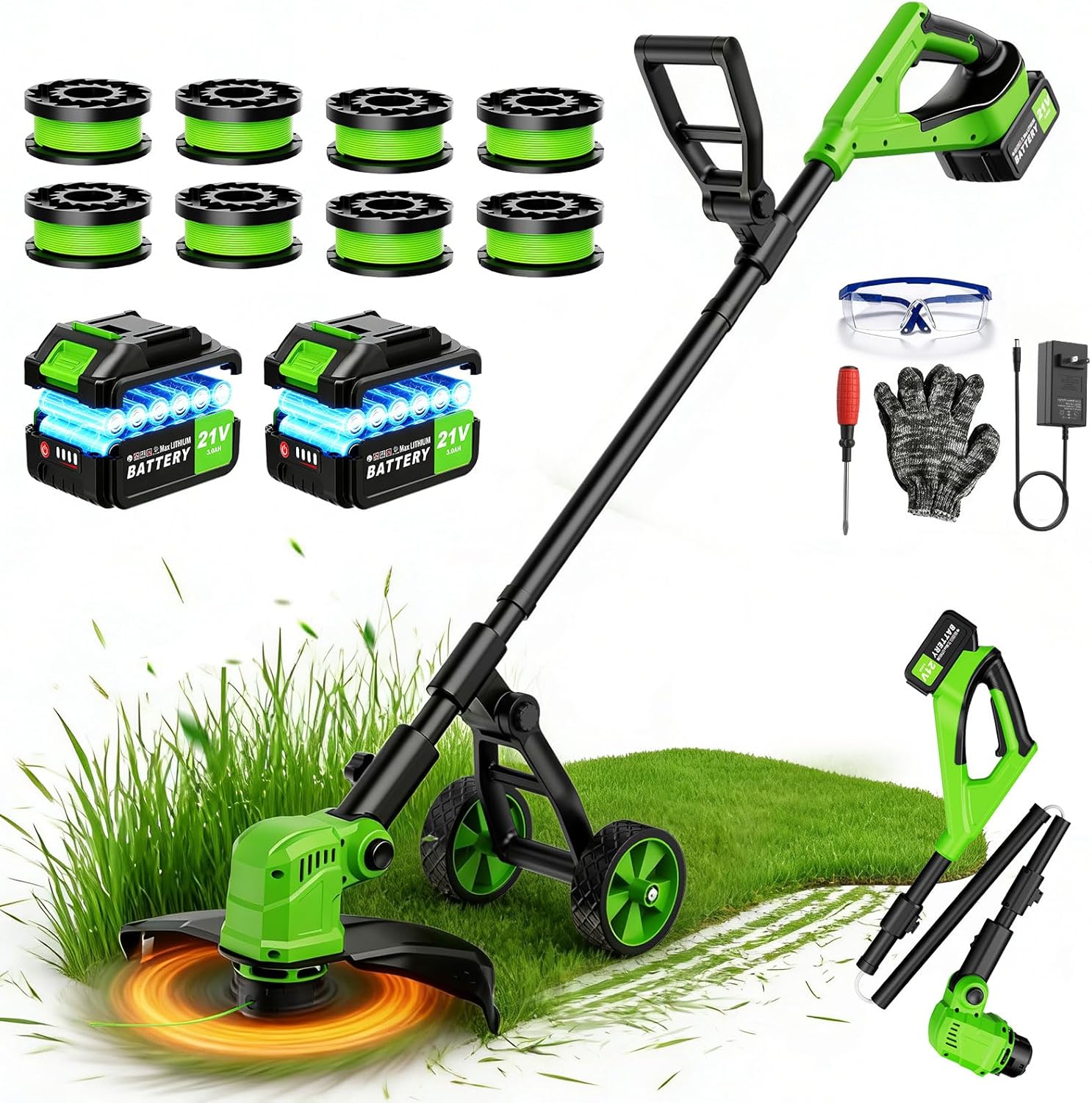 14' Electric String Trimmer Cordless Battery Powered Weed Eater with Wheel, 3-in-1 Cordless Grass Trimmer/Electric Weed Wacker/Edger, Weed Trimmer with 8 Replacement Spools for Garden, Lawn (Green)