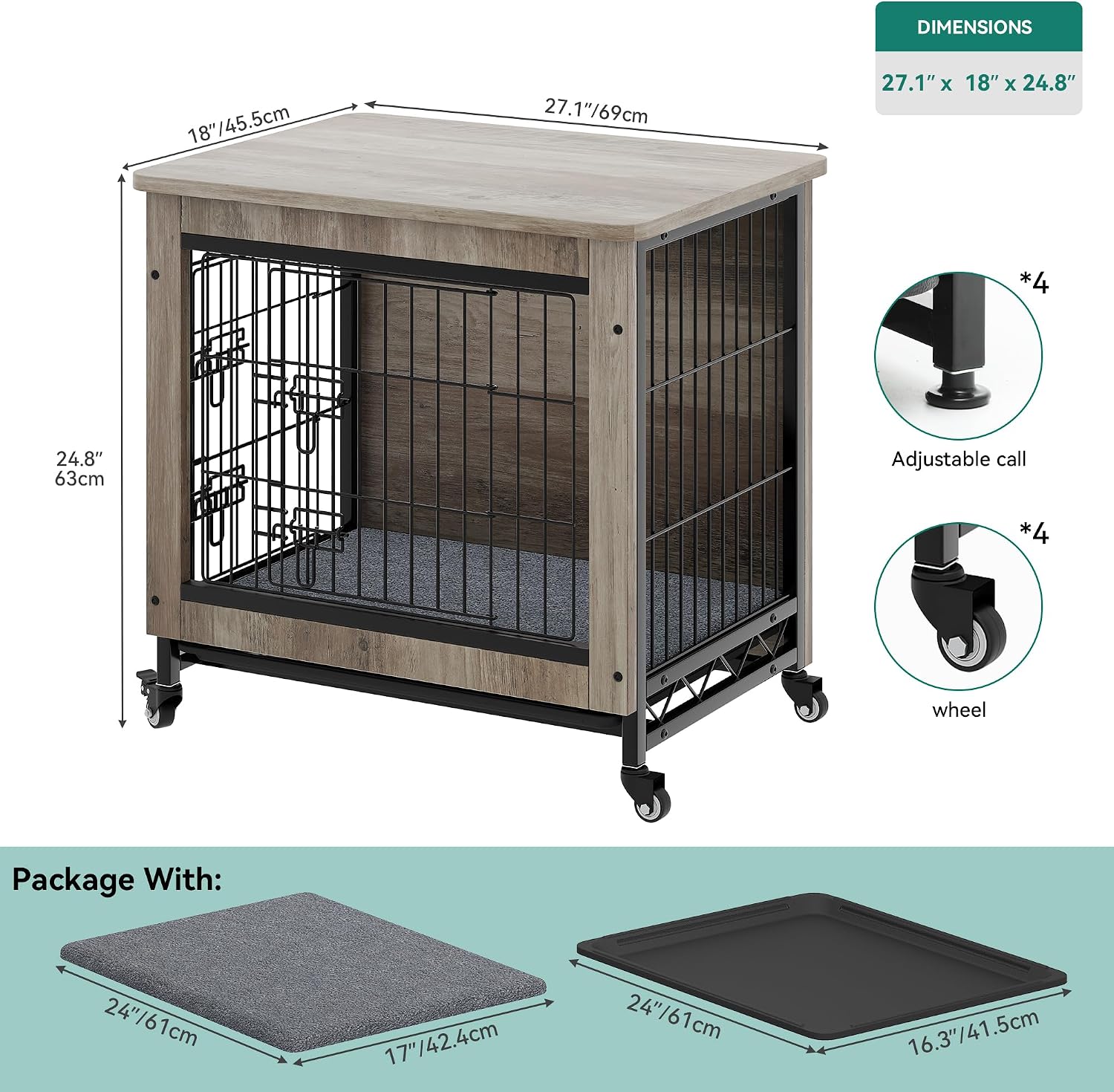 YITAHOME Dog Crate Furniture with Cushion, Dog Kennel Indoor with Wheels, Dogs Crate End Table with Tray, 27' Cage with Double Doors for Small Dogs (Gray)