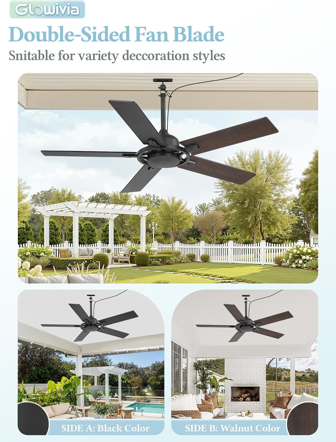 52 Inch Outdoor Ceiling Fan without Light, Waterproof IP65 Wet-Rated, Plug-in Black Ceiling Fan No Light, Remote Control with 6-Speed DC Motor, Hanging Fans with Cord for Patio Porch Gazebo