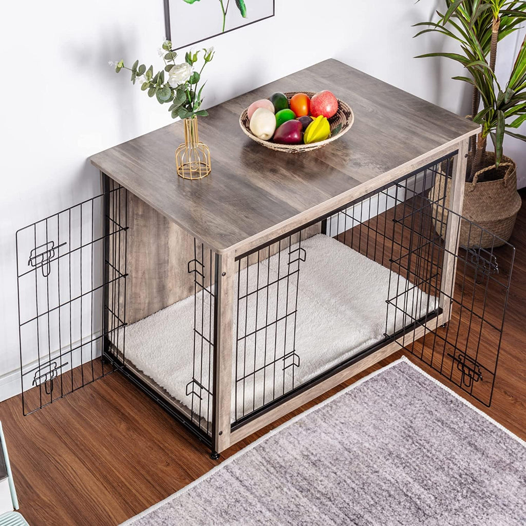 DWANTON Dog Crate Furniture with Cushion, Wooden Kennel Table with Double Doors, Indoor Dog House, Large Size, 38.5' L, Greige