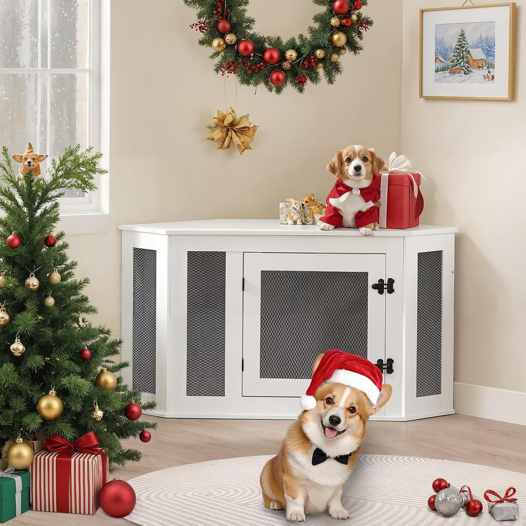 MAHANCRIS Corner Dog Crate Furniture, Wooden Dog Kennel End Table, Decorative Pet Crate Indoor Use, Furniture Style Dog House for Small Medium Dog, Dog Cage TV Stand, White and Black DCWT0801