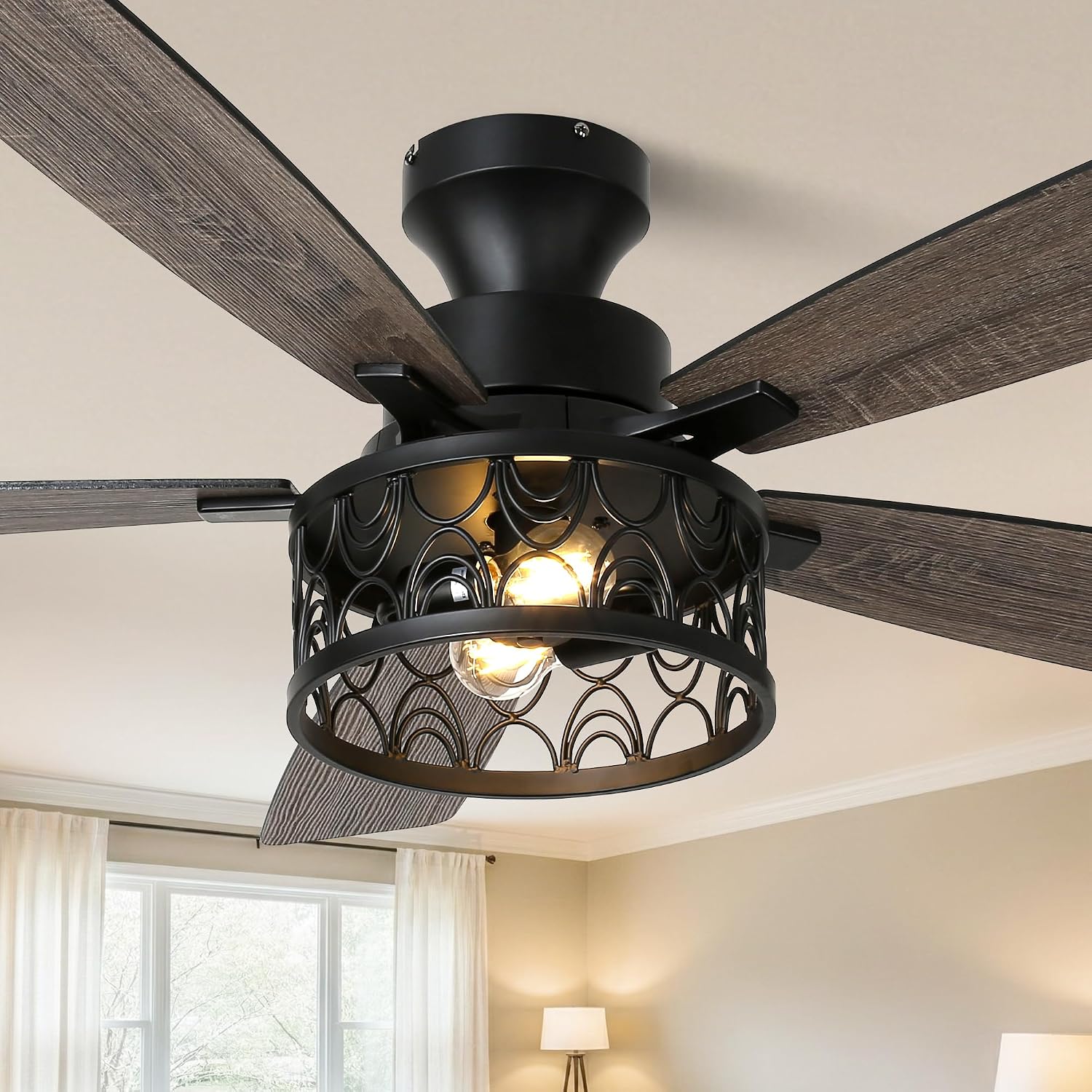 52'' Ceiling Fan with Lights, Flush Mount Farmhouse Ceiling Fan with Remote Control, 6 Speeds Reversible DC Motor, Low Profile Industrial Caged Ceiling Fan for Bedroom Living Room