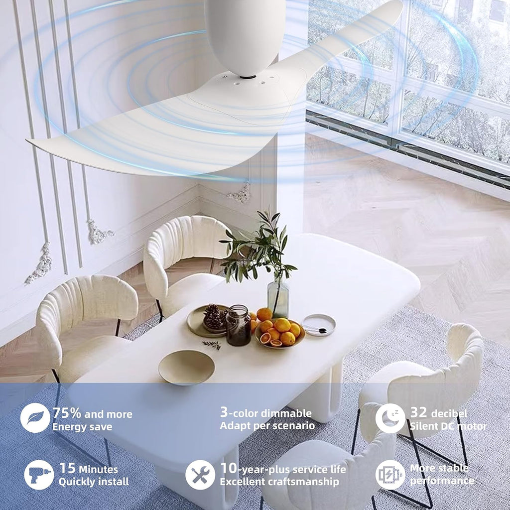 52' White 2 Blades Flush Mount Ceiling Fan with Remote, No Light | Modern Low-Profile, Heat Resistant ABS Blades, 6-Speed Reversible Quiet DC Motor for Balcony, Living Room, Bedroom