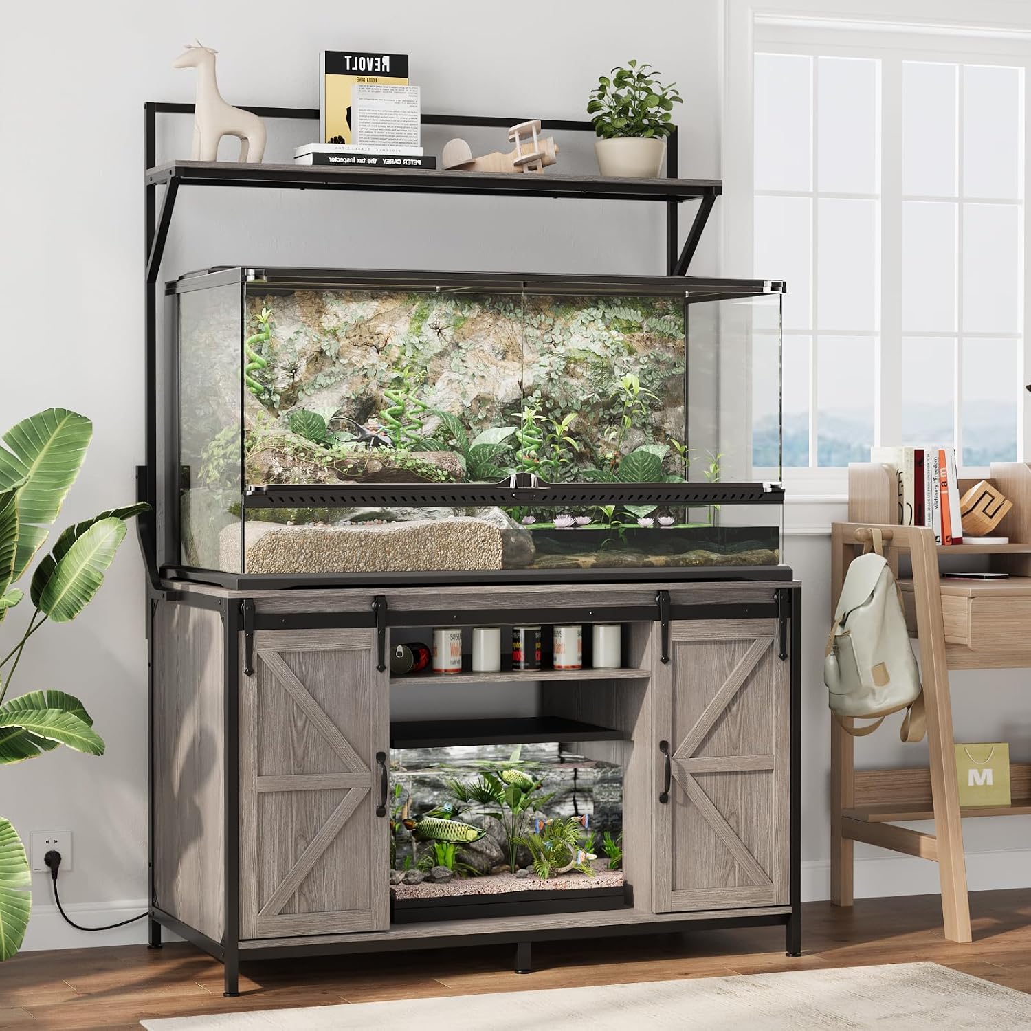 VOWNER Farmhouse Reptile Tank Stand with Power Outlet, 48' X 24' Tabletop Fits up to 120 Gallon Bearded Dragon Tank, Heavy Duty Aquarium Stand with Storage Cabinet, Reptile Turtle Terrarium Stand Grey