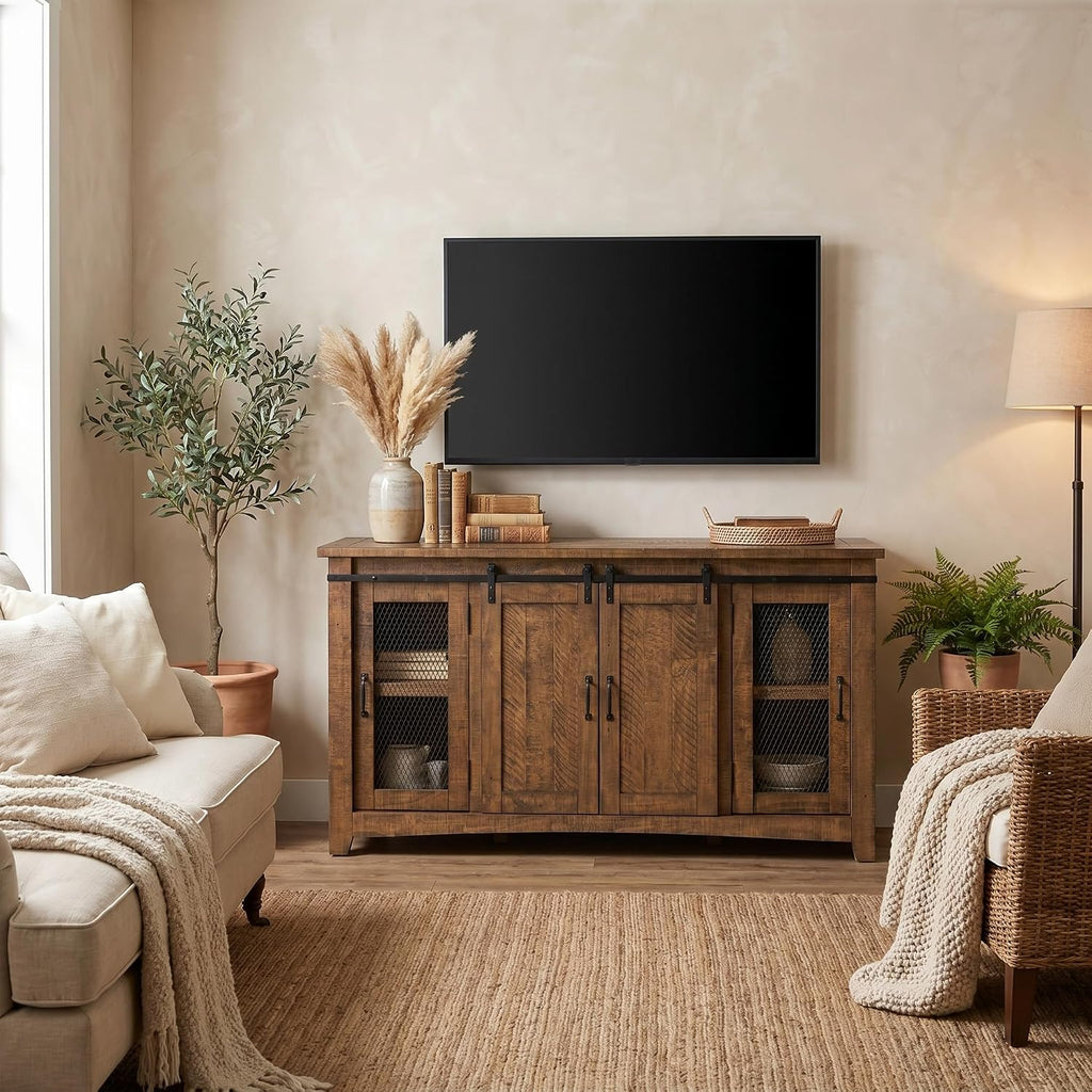 Martin Svensson Home 65' Solid Pine Wood Entertainment Center with Storage. Rustic TV Stand for TVs up to 70.' Sliding Doors, Adjustable Shelves & Cable Management – Natural Finish