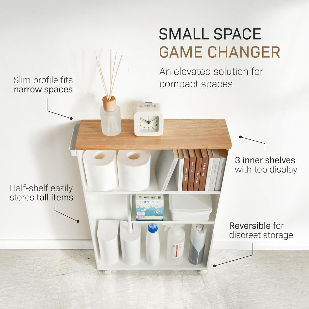 Yamazaki Home Slim Rolling Storage Cart – Narrow Bathroom Storage Cabinet With Handle, Slim Bathroom Storage Cart With Wheels, Easy Assembly, Steel + Wood, White, 27' - Steel -