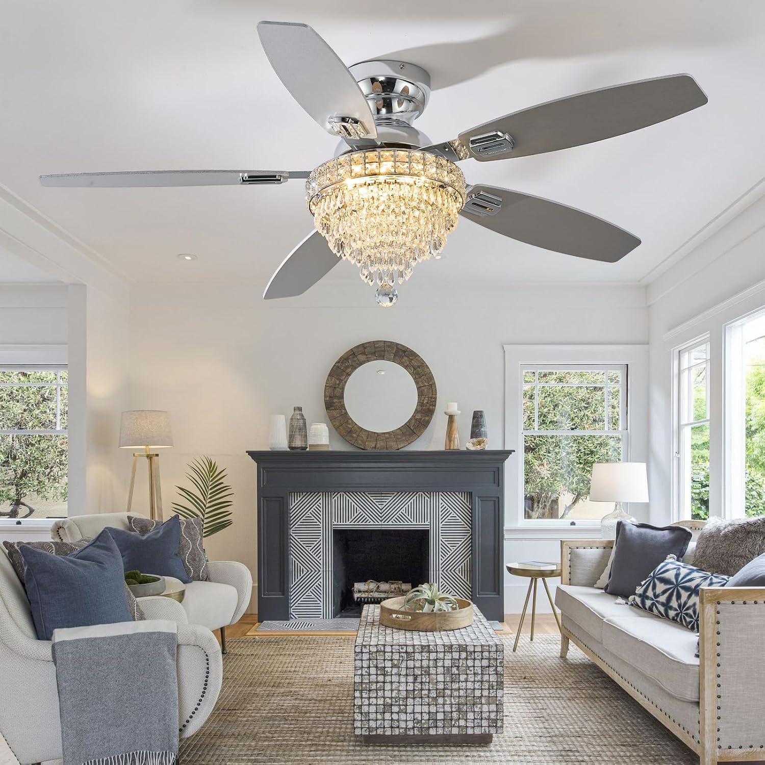Crystal Ceiling Fan Fandelier with Lights-Ceiling Fans,50' Low Profile and Remote Control, Flush Mount, Reversible, Dimmable, Noiseless,Ceiling Fan for Bedroom（Chrome）
