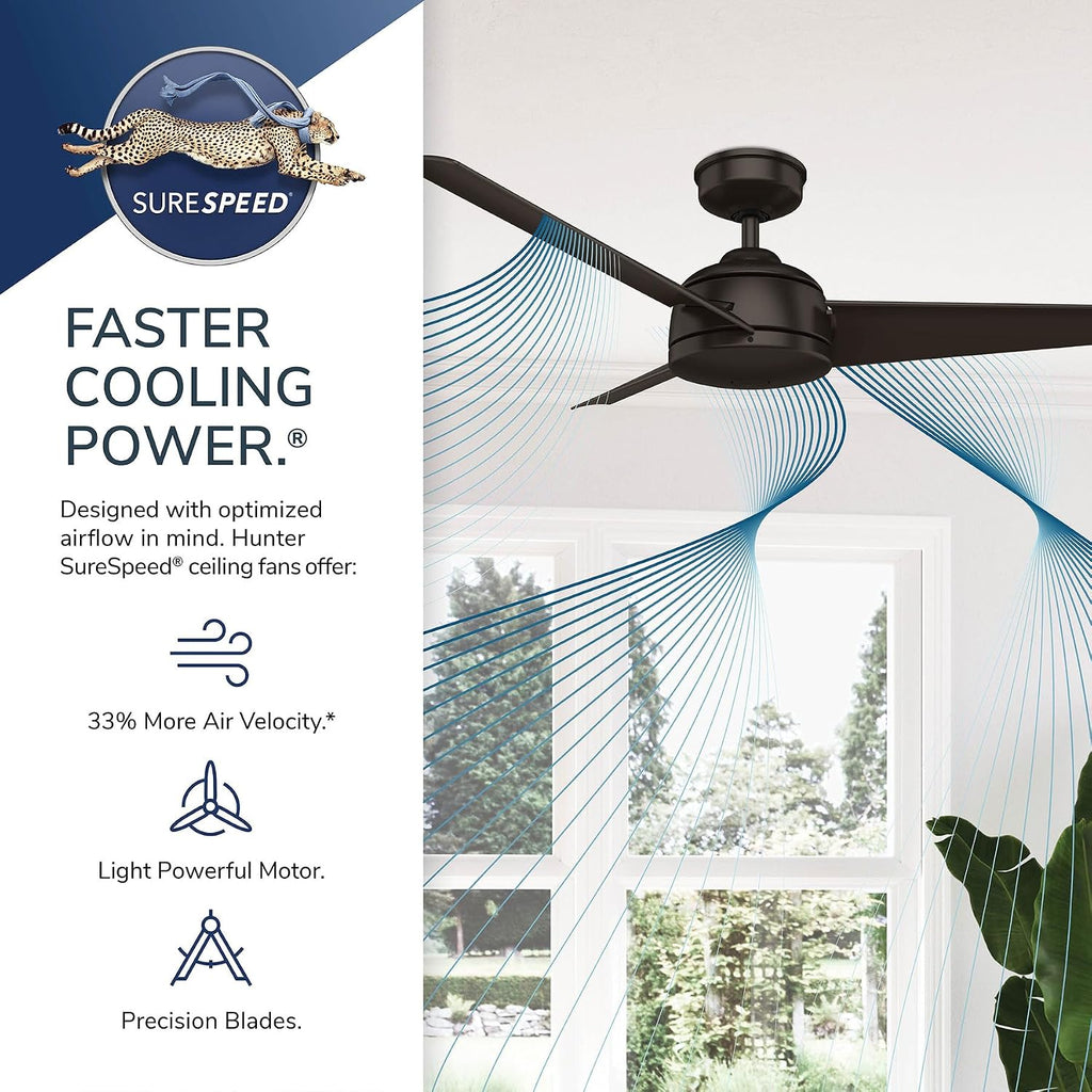 Hunter 52 inch Outdoor or Indoor Ceiling Fan No Light - Ceiling Fan without Light, For Patio, Porch, Garage, or Living Room, Standard Mount, 3 Blades, Wall Control - Trimaran 59608, Matte Silver