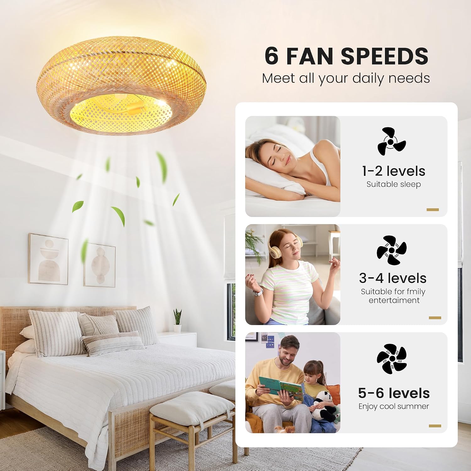 Boho Ceiling Fan with Lights: 20' Bamboo Low Profile Rattan Caged Farmhouse Ceiling Fans with Light Flush Mount Remote Control 6 Speeds for Bedroom Living Room Kitchen