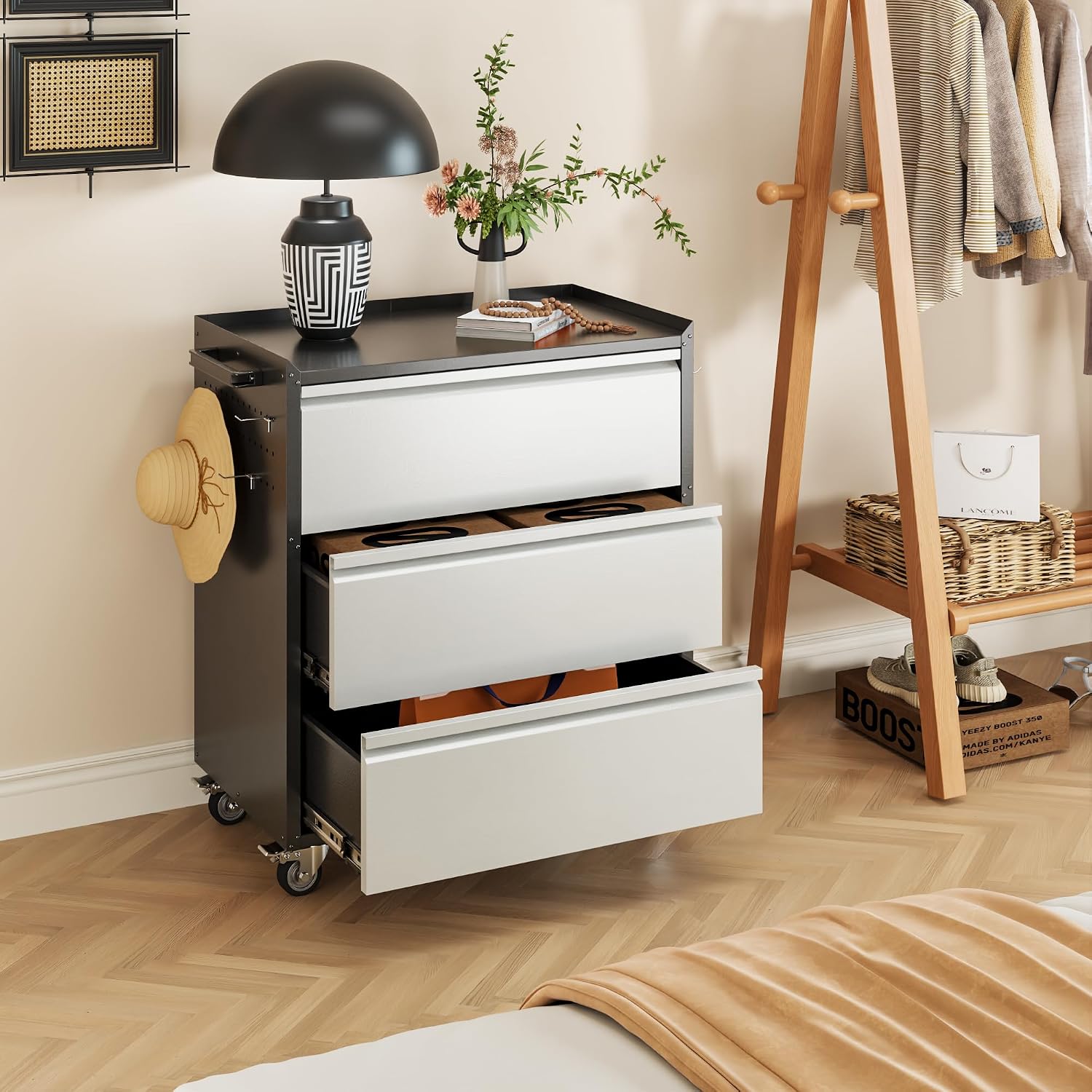 Aobabo Metal Rolling Tool Storage Cabinet with Drawers, Side Pegboards, Left Handle, Lockable Casters, Garage Workshop Utility Cart, 18.11 D x 30.3 W x 35.4 H Inches,Assembly Required