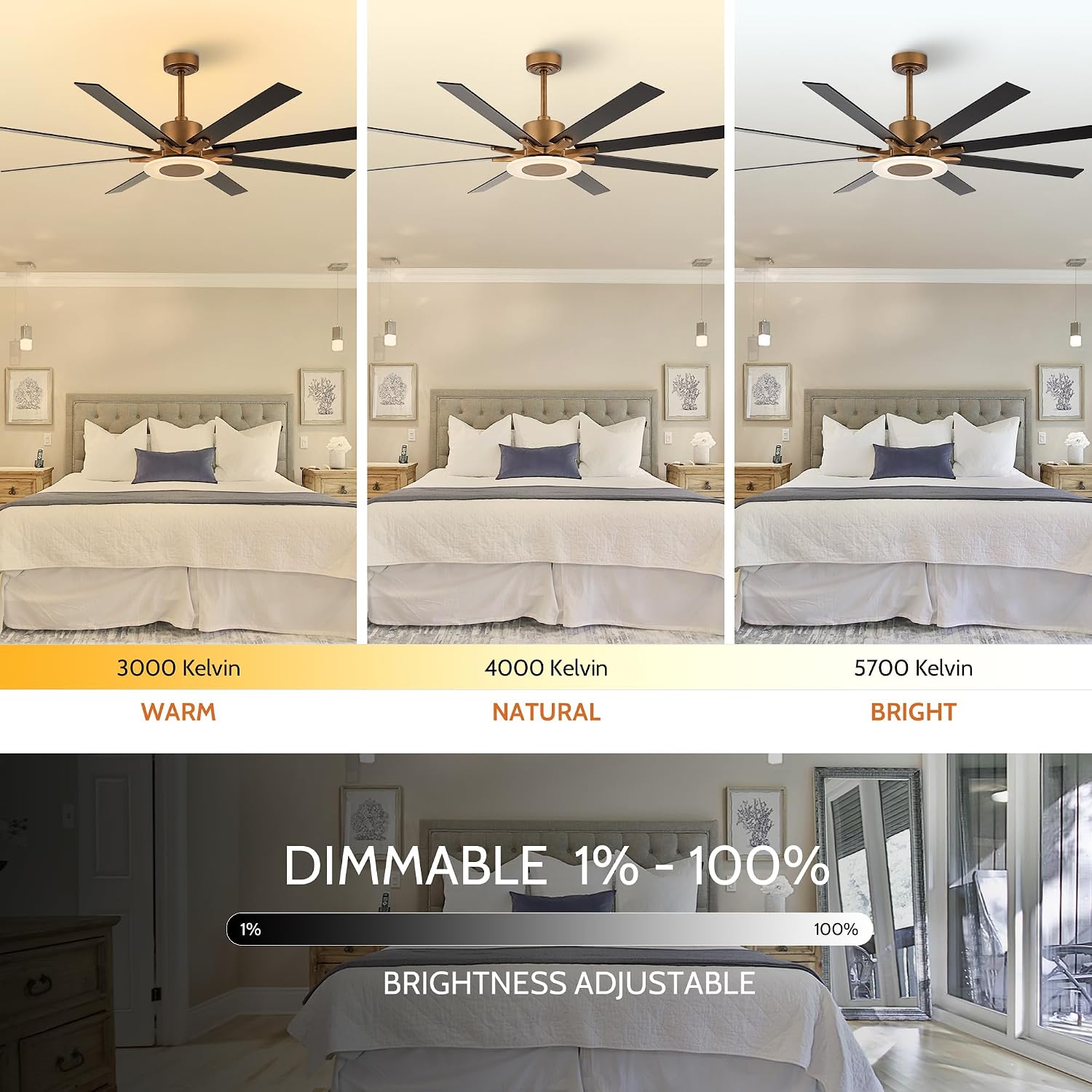Ceiling Fans with Lights and Remote, 65 Inch Brass Ceiling Fan for Living Room Bedroom, Large Black Outdoor Ceiling Fans for Patios, Dimmable LED, 6 Speeds, Reversible DC Motor, Ventilador de Techo