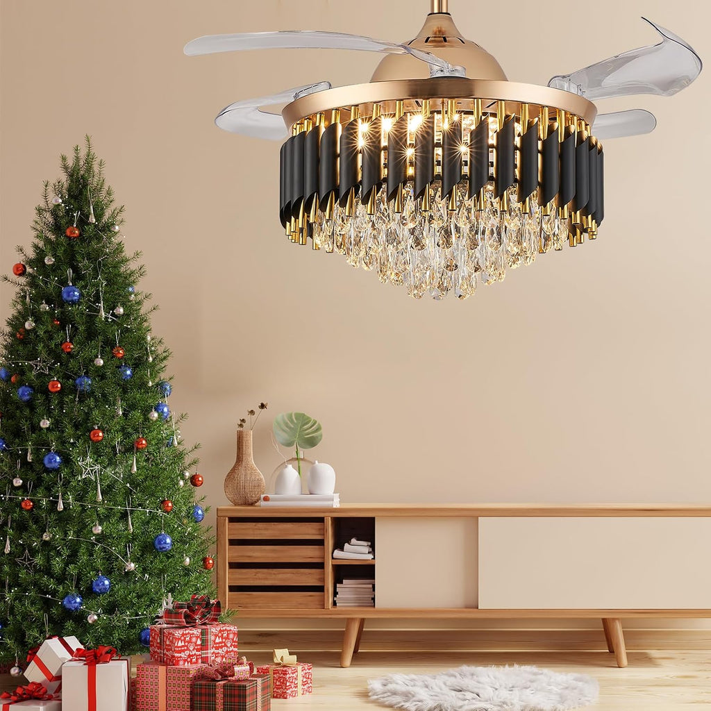 36' Dimmable Black and Gold Crystal Chandelier with Fan, Gold Fandelier Ceiling Fans with Lights and Remote Modern Retractable Blade Ceiling Fans for Dinning Room Living Room Kitchen