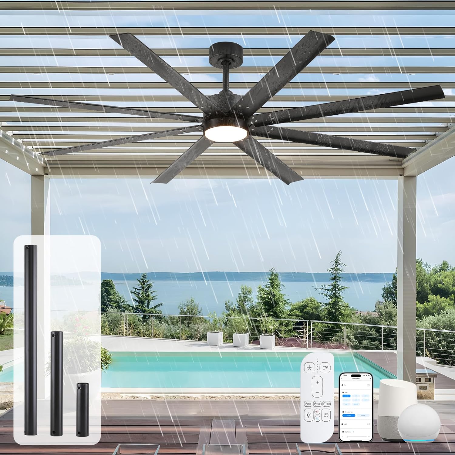 65 Inch Wet Rated Outdoor Smart Ceiling Fan with Light, All Weather IP Waterproof Fan, 9504 CFM High Airflow, 8 Black Aluminum Blades (Rust-Proof), Alexa/App Control for Large Patio, Pergola & Garage
