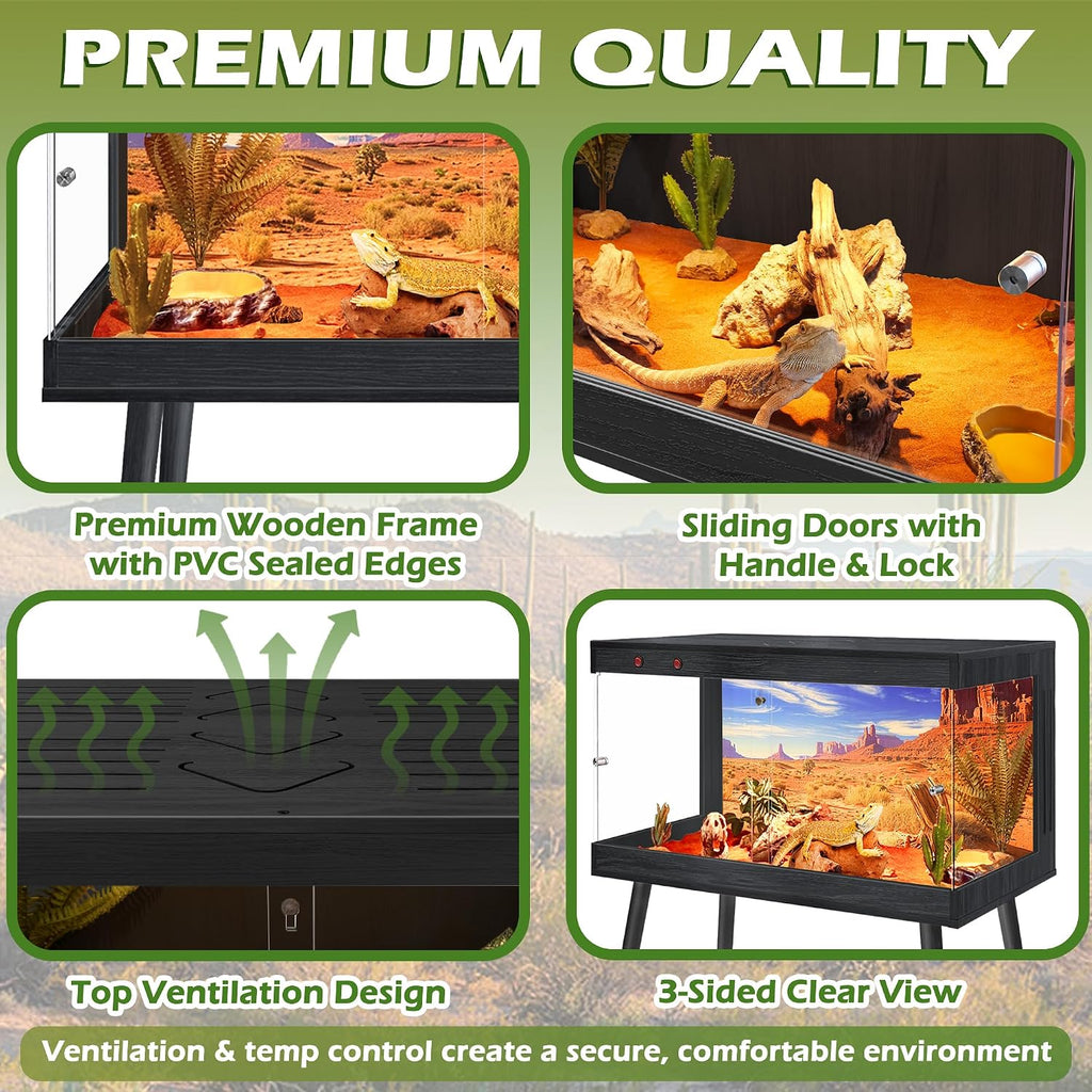 Royxen Bearded Dragon Tank, 31 Gallon Reptile Tank with Leg Stand,Built-in Lighting Reptile Enclosure, Tempered Glass Bearded Dragon Encloure for Chameleon (Black,24'x 16'x 16')