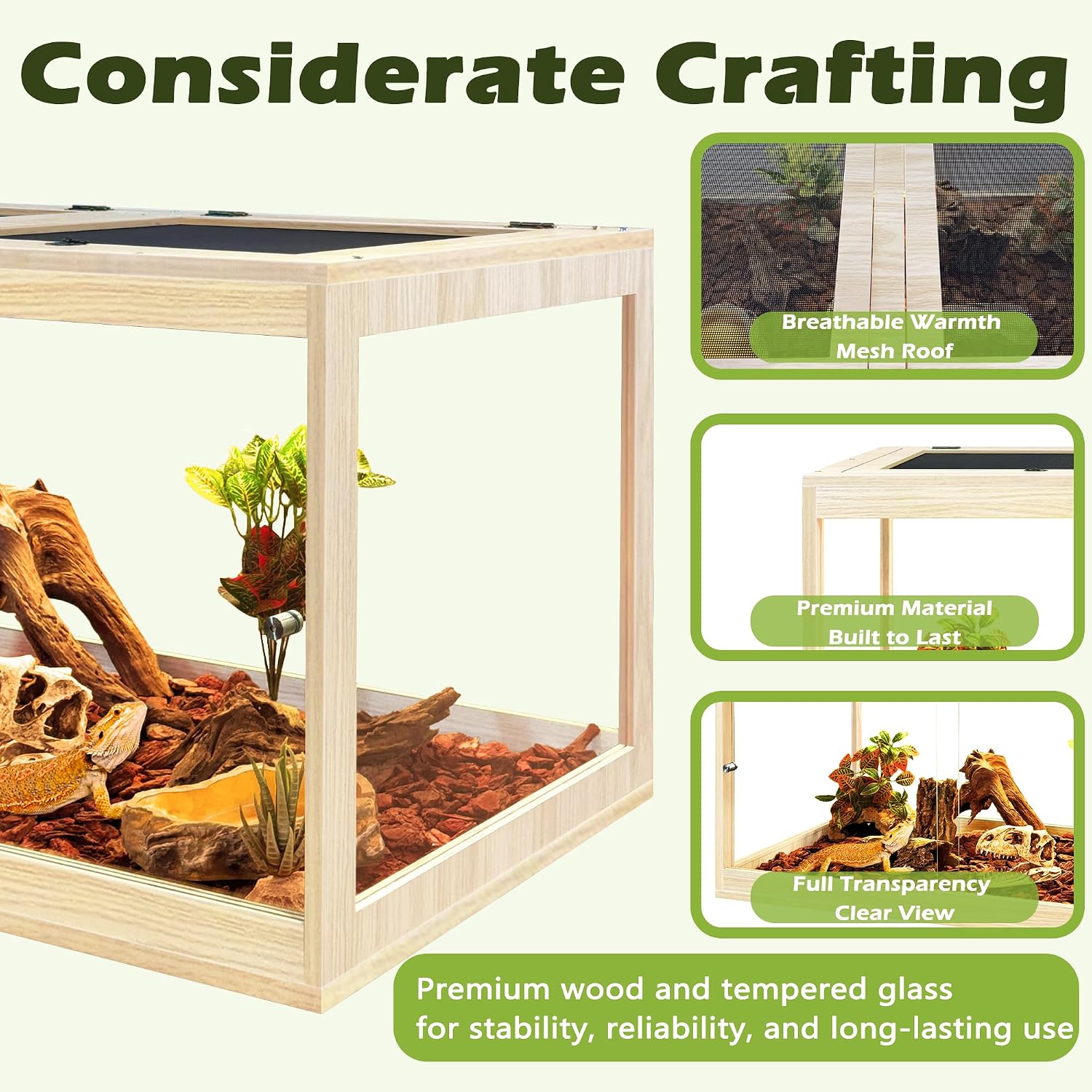 PROLEE Reptile Tank, 31 Gallon Beard Dragon Tank, Tempered Glass Reptile Encloure and Snake Tank with Locking Design for Lizard,Gecko,Chameleon (24'X15.5'X15.5',Oak)