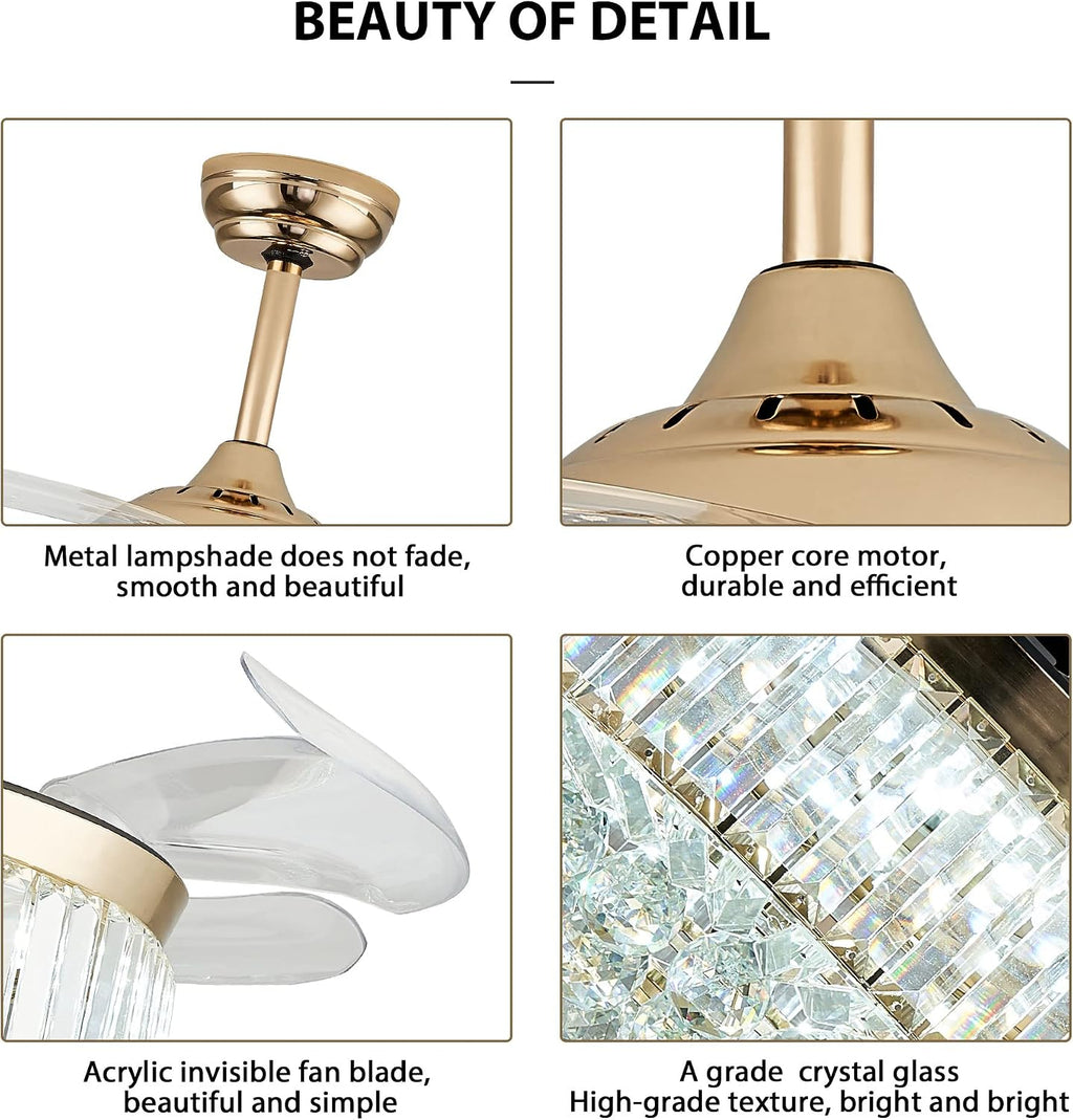 42' Chandelier Ceiling Fan Lighting Dimmable Remote Control Fandeliers Crystal Ceiling Fan with Lights for Bedroom Living Room Speed 3 Light (Gold
