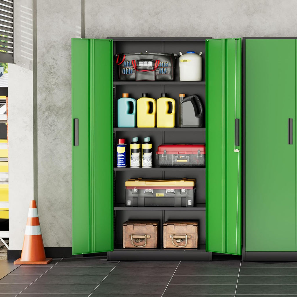 INTERGREAT Storage Cabinet with Doors and Shelves, Metal Garage Storage Cabinets with Lock, Black Lockable Steel Supply Cabinet for Home Office, Warehouse (Black Green)