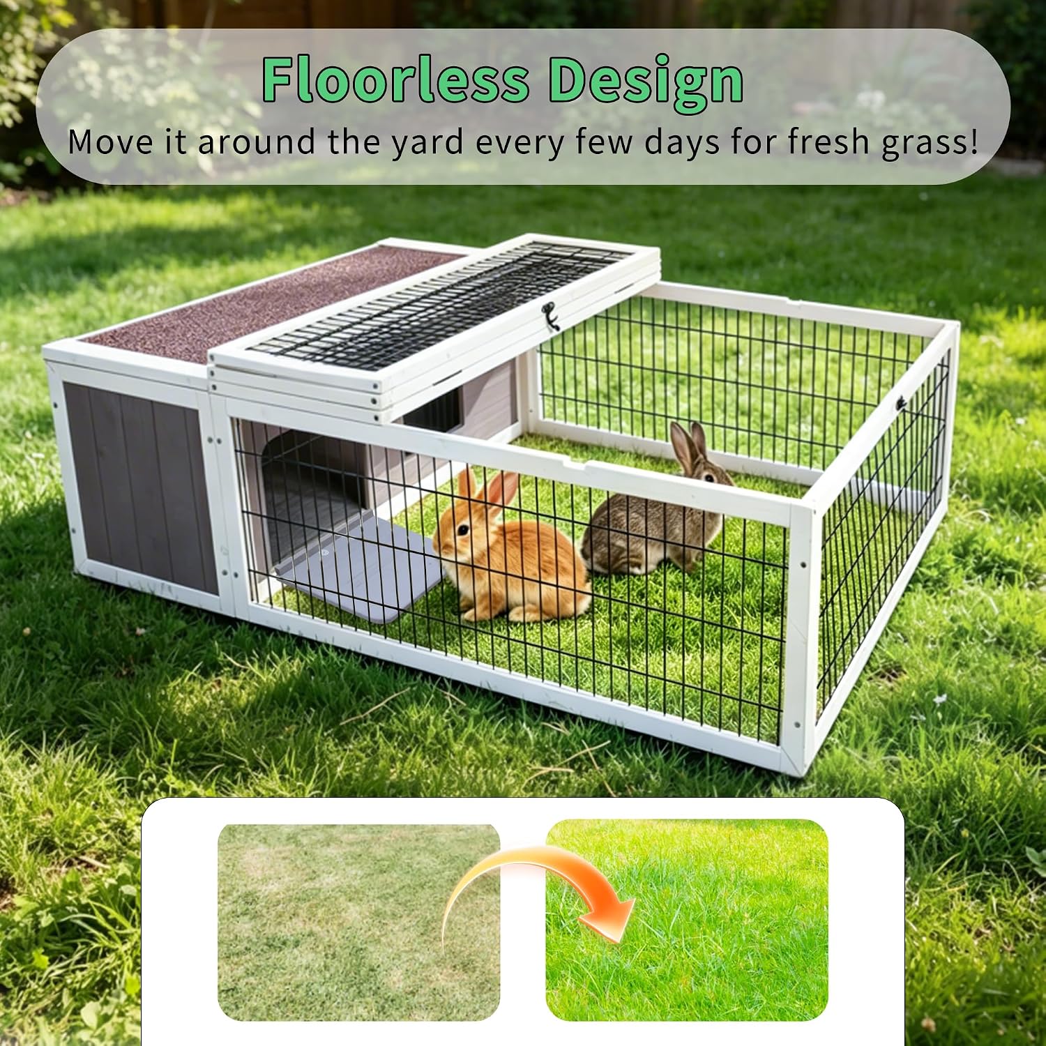 Tortoise House Habitat Wooden, Chicken Coop with Run Rabbit Hutch Small Animal Hutch Enclosure Indoor/Outdoor-Grey + White Trim