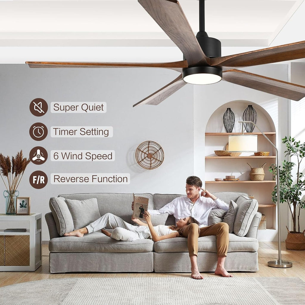 heimo 60 Inch Ceiling Fans with Lights and Remote, Wood Indoor Outdoor Ceiling Fan with Light for Patios Living Room Bedroom 5 Blades Large Mid Century Modern Ceiling Fan (Walnut)