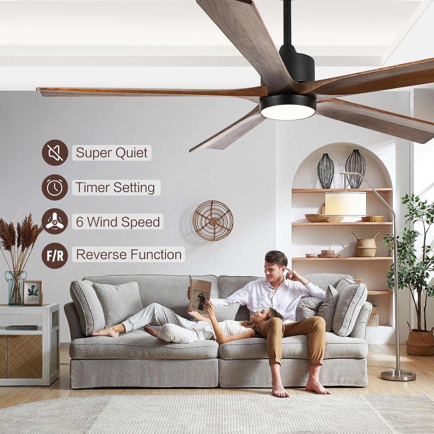heimo 60 Inch Ceiling Fans with Lights and Remote, Wood Indoor Outdoor Ceiling Fan with Light for Patios Living Room Bedroom 5 Blades Large Mid Century Modern Ceiling Fan (Walnut)