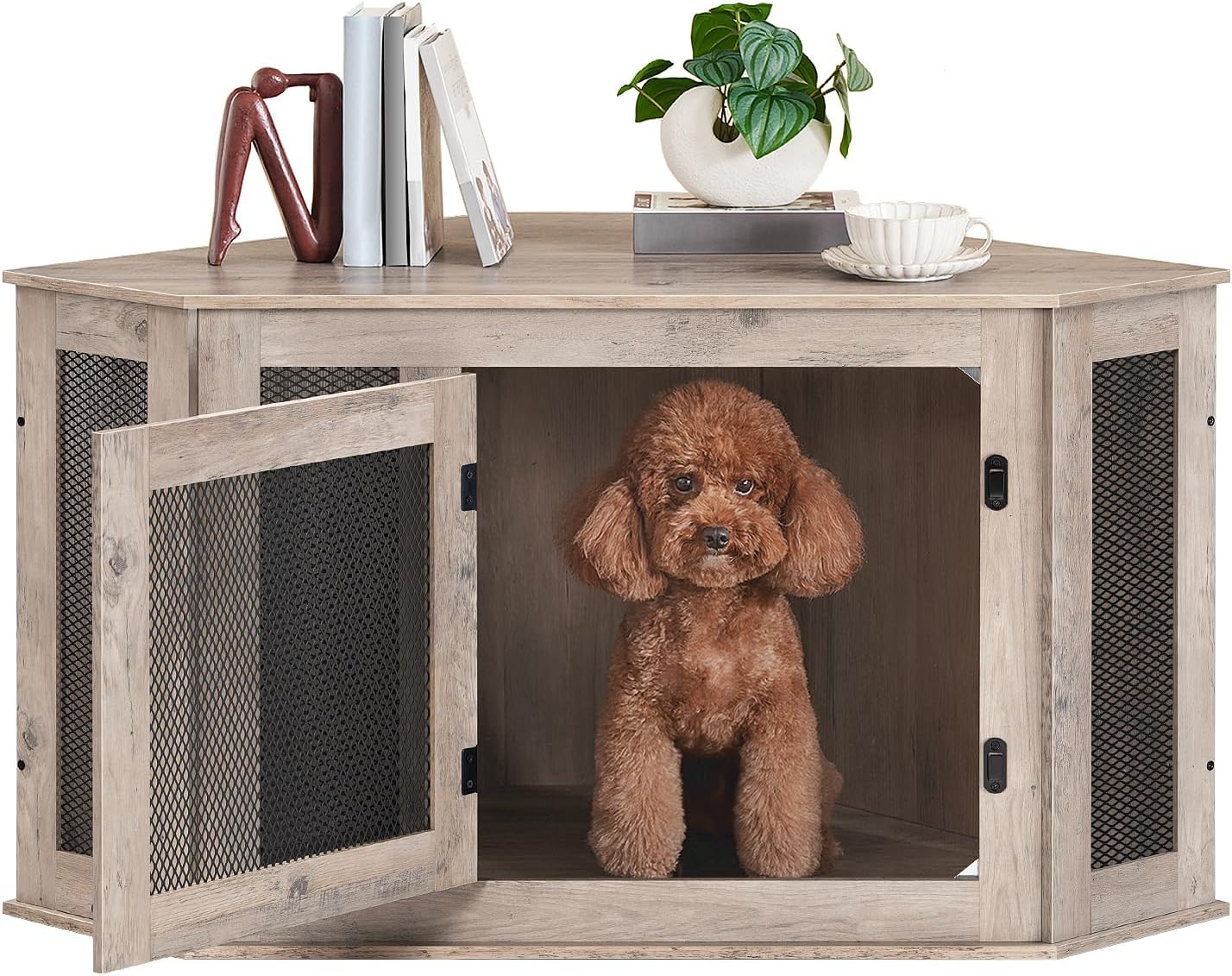MAHANCRIS Corner Dog Crate Furniture, Wooden Dog Kennel End Table, Decorative Pet Crate Indoor Use, Furniture Style Dog House for Small Medium Dog, Dog Cage TV Stand, Greige and Black DCHG0801