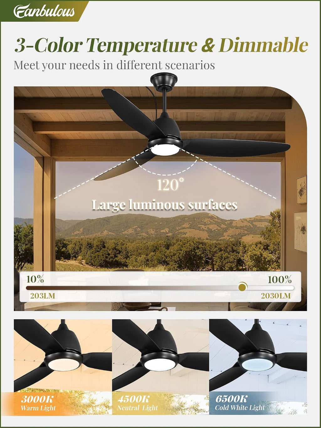 Fanbulous 52' Outdoor Ceiling Fan with Light, IP65 Waterproof Wet Rated, Plug in Gazebo Fan with 10FT Cord, Smart APP & Remote, 6-Speed Reversible DC Motor, 3CCT Dimmable LED for Patio Porch (Black)