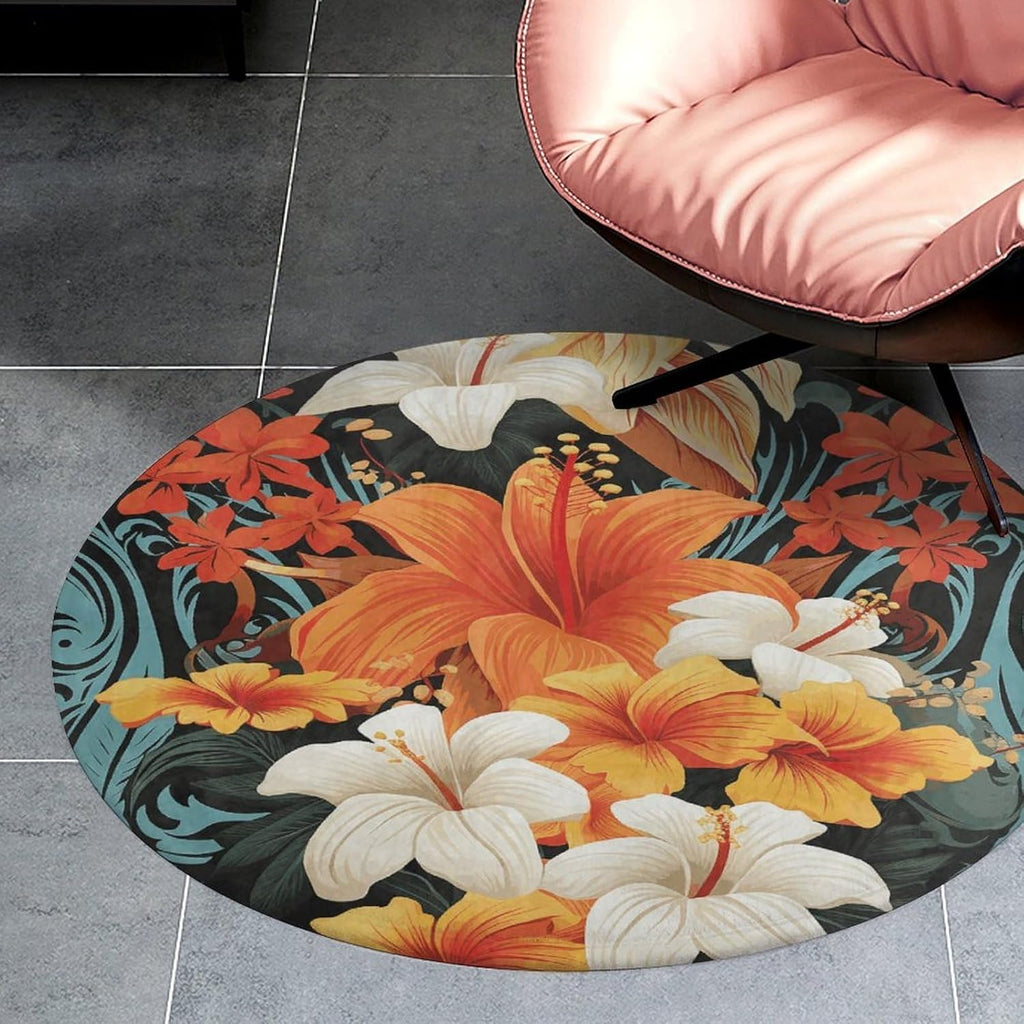 Flowers and Hawaiian Tribal Patterns on Black Background Coral Velvet Round Floor Mat Non-Slip Bath Rug Floor Covering for Bathroom Vanity Guest Suite & Vacation Home