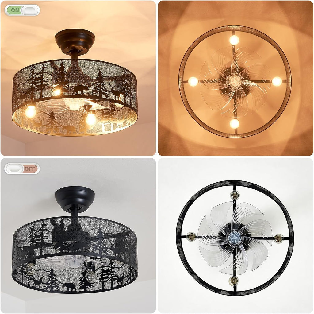18 Inch Rustic Ceiling Fan with Light and Remote, Black Round Farmhouse Caged Ceiling Fan, Quiet Reversible Motor, Vintage Metal Bear and Deer Design Ceiling Fans for Bedroom Living Room