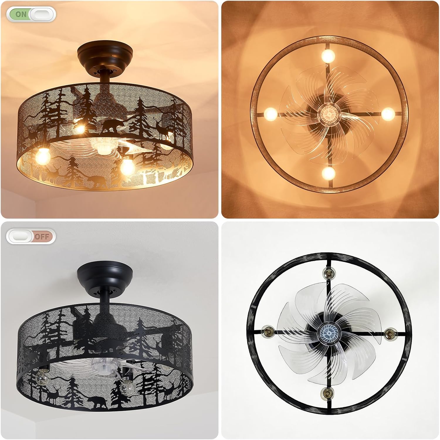 18 Inch Rustic Ceiling Fan with Light and Remote, Black Round Farmhouse Caged Ceiling Fan, Quiet Reversible Motor, Vintage Metal Bear and Deer Design Ceiling Fans for Bedroom Living Room