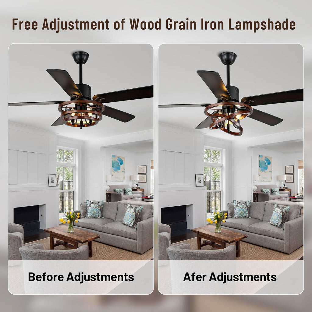 52' Ceiling Fan with Lights and Remote,Industrial Farmhouse Ceiling Fan with Adjustable Wood Grain Iron Cage,5 Reversible Dual-Color Blades,DC Quiet Motor,6 Speeds,Timer for Bedroom Living Room