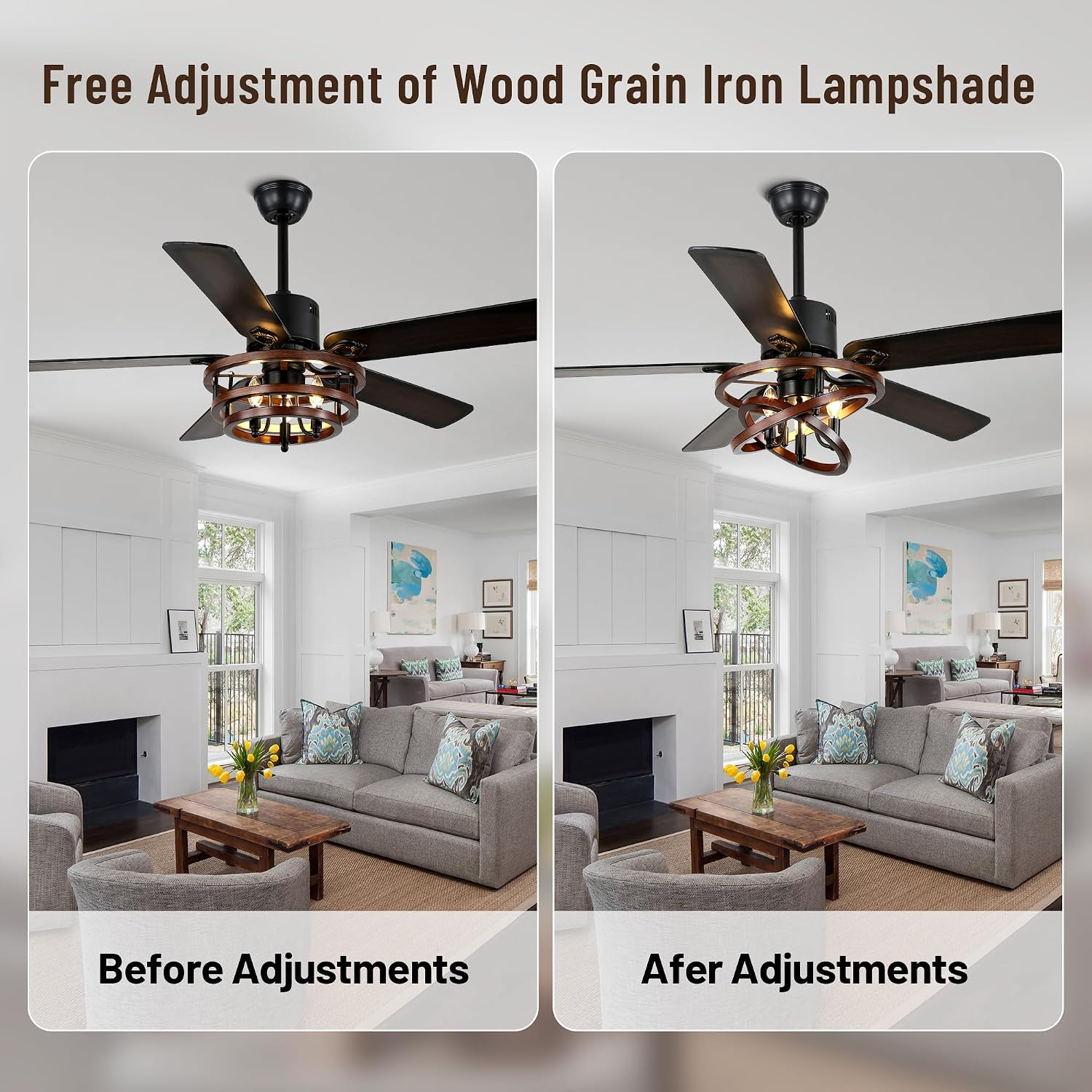 52' Ceiling Fan with Lights and Remote,Industrial Farmhouse Ceiling Fan with Adjustable Wood Grain Iron Cage,5 Reversible Dual-Color Blades,DC Quiet Motor,6 Speeds,Timer for Bedroom Living Room