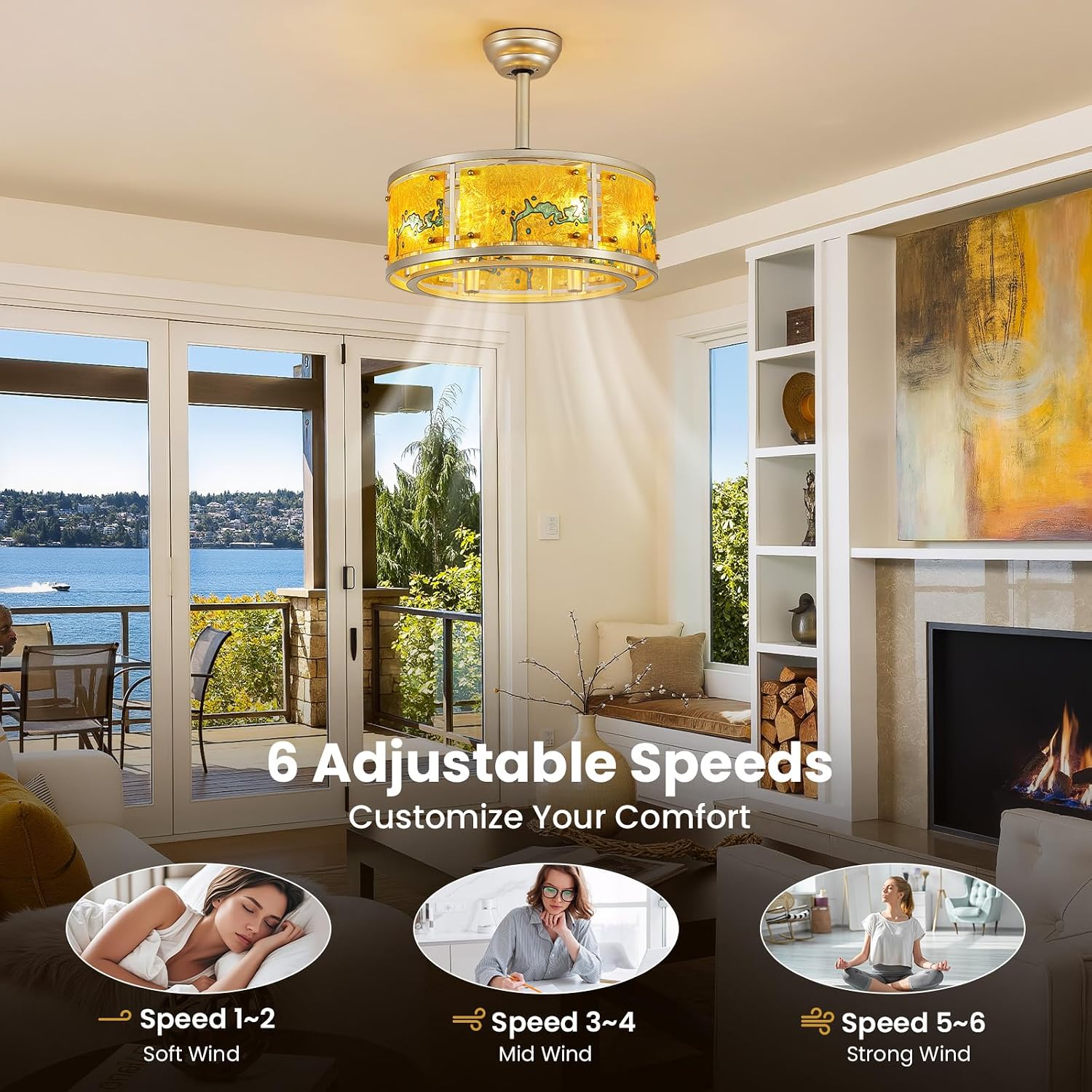 AIJIASI 20' Fandelier Ceiling Fans with Lights, Gold Caged Ceiling Fan with Remote Low Profile, Mid Century Bladeless Ceiling Fan for Bedroom Living Room Nursery, 6 Speeds