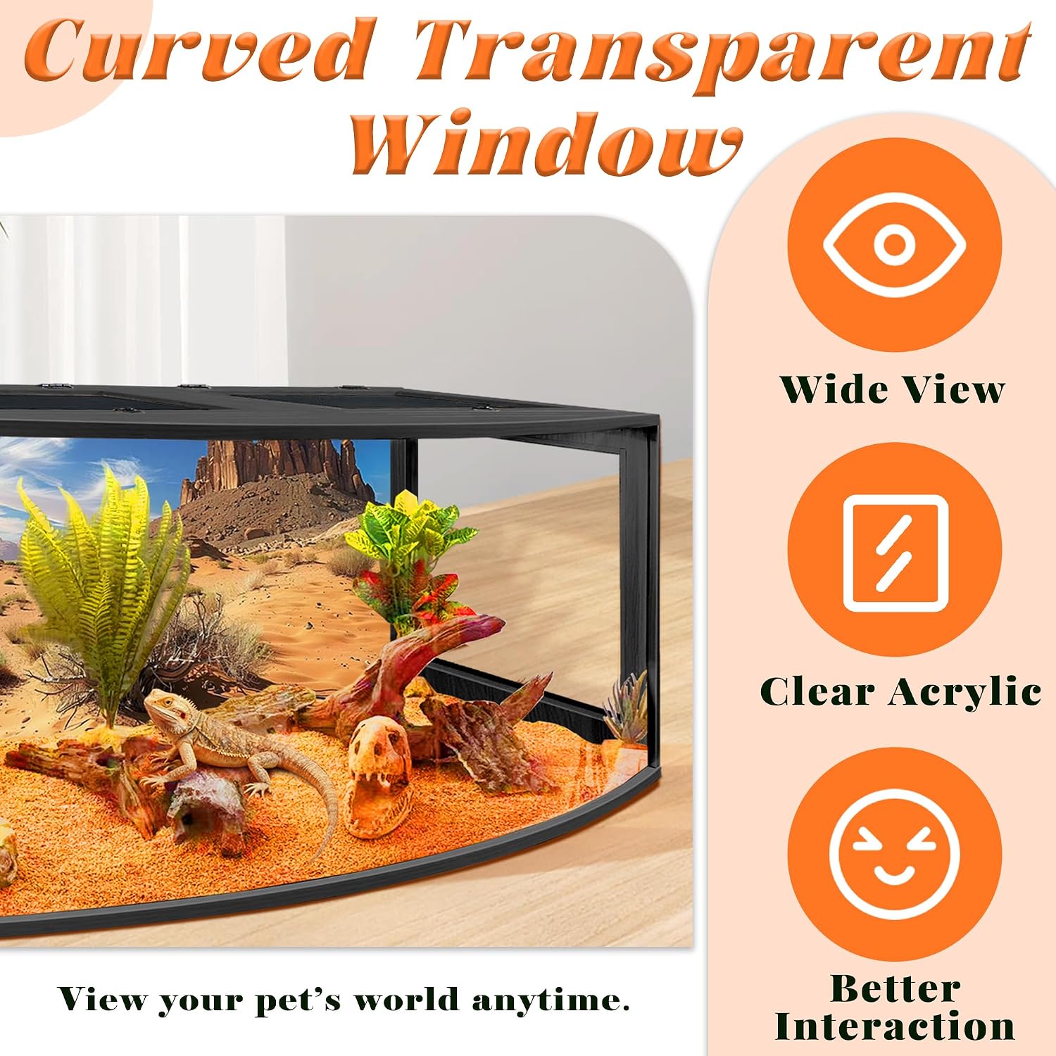 PROLEE Bearded Dragon Tank, Curved Reptile Enclosure with 3-Side Clear Acrylic Panels, Spacious Lizard Tank with Metal Mesh Top and Lockable Door for Reptile Habitat (Black, 32' Length,34 Gallons)