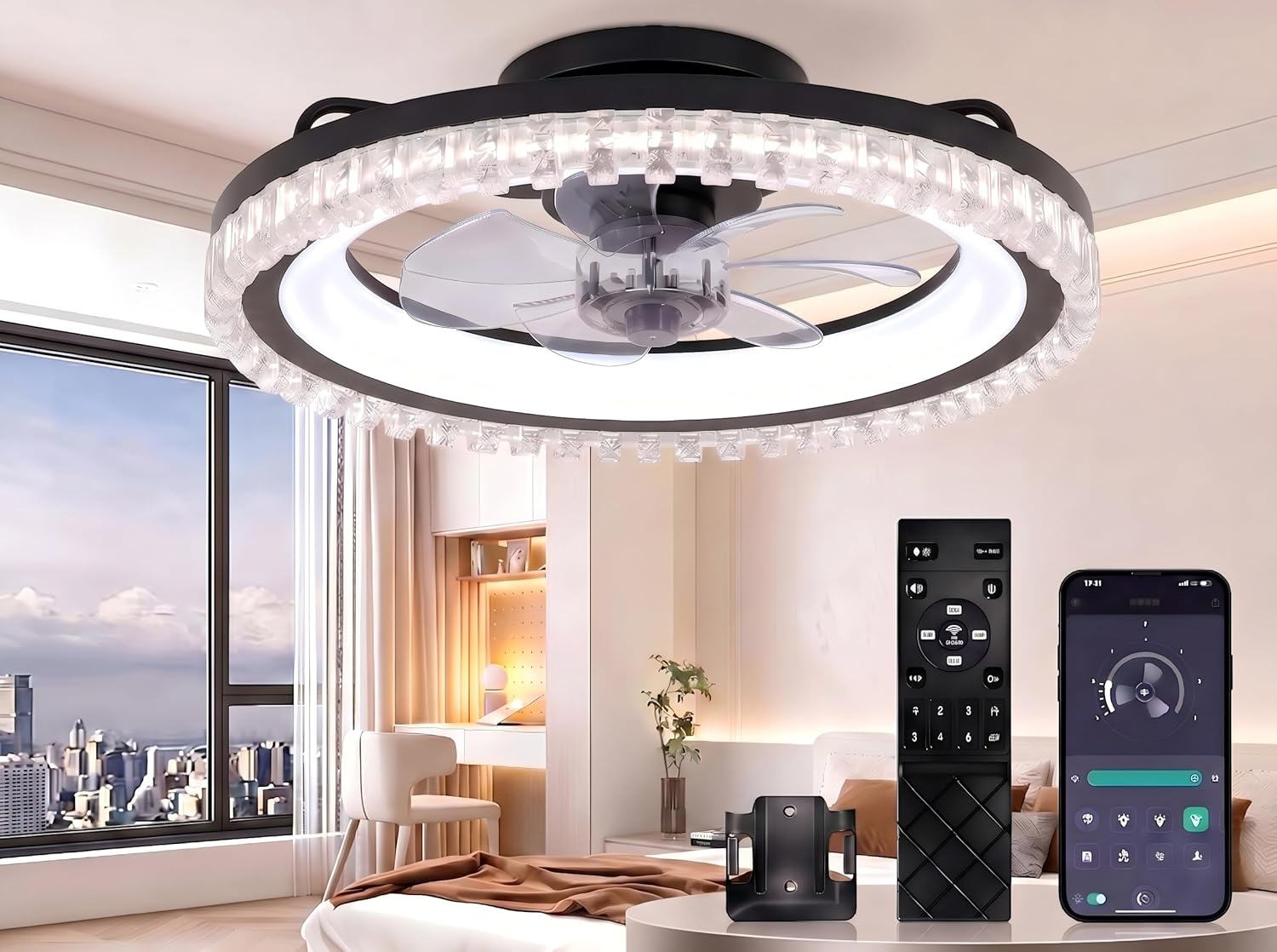 Ceiling Fans with Lights and Remote, Low Profile Flush Mount Ceiling Fan with Light, Smart APP Control, 6 Speed DC Motor, 3CCT Dimmable LED, Quiet Bedroom Ceiling Fan for Small Room, Black 20″