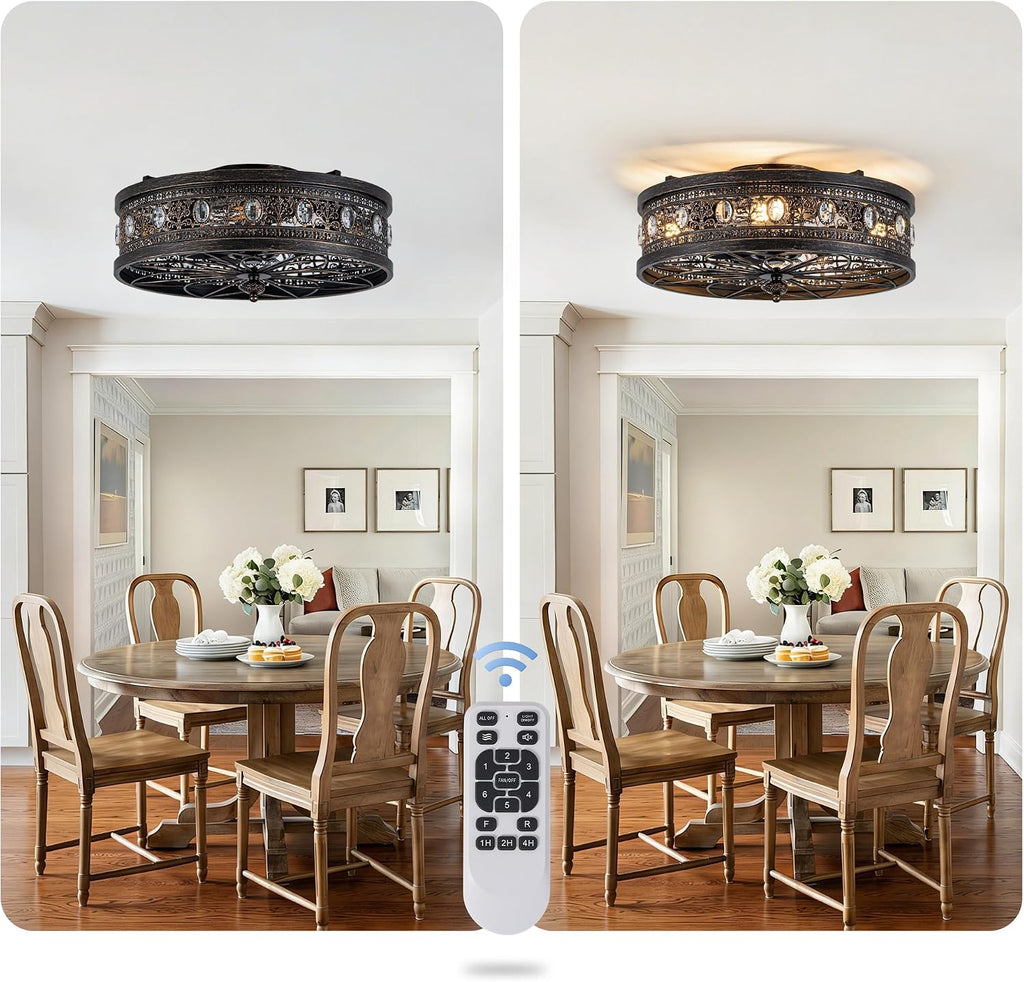 19'' Caged Ceiling Fan with Lights and Remote, Vintage Victorian Rustic Fandelier Flush Mount Low Profile Fandelier Small Enclosed Bladeless Chandelier for Bedroom Kitchen Dining Room