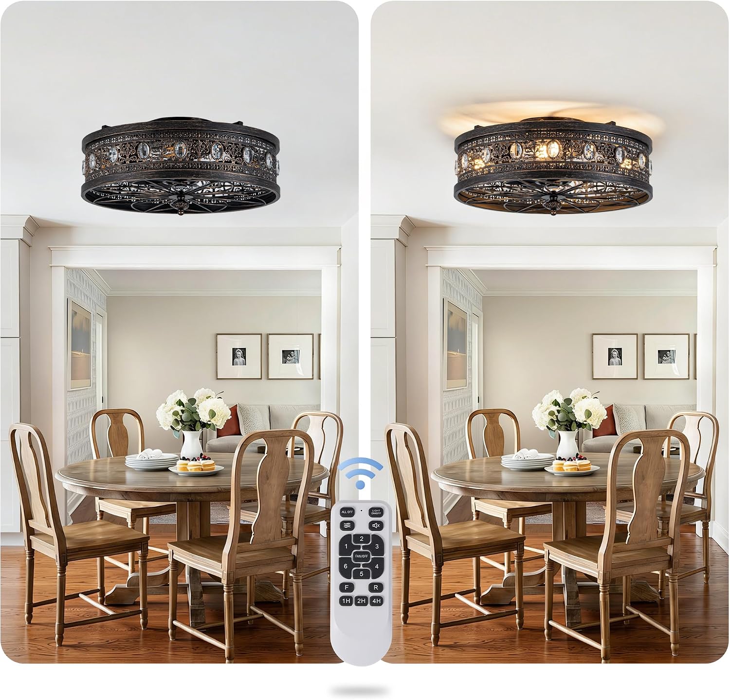 19'' Caged Ceiling Fan with Lights and Remote, Vintage Victorian Rustic Fandelier Flush Mount Low Profile Fandelier Small Enclosed Bladeless Chandelier for Bedroom Kitchen Dining Room