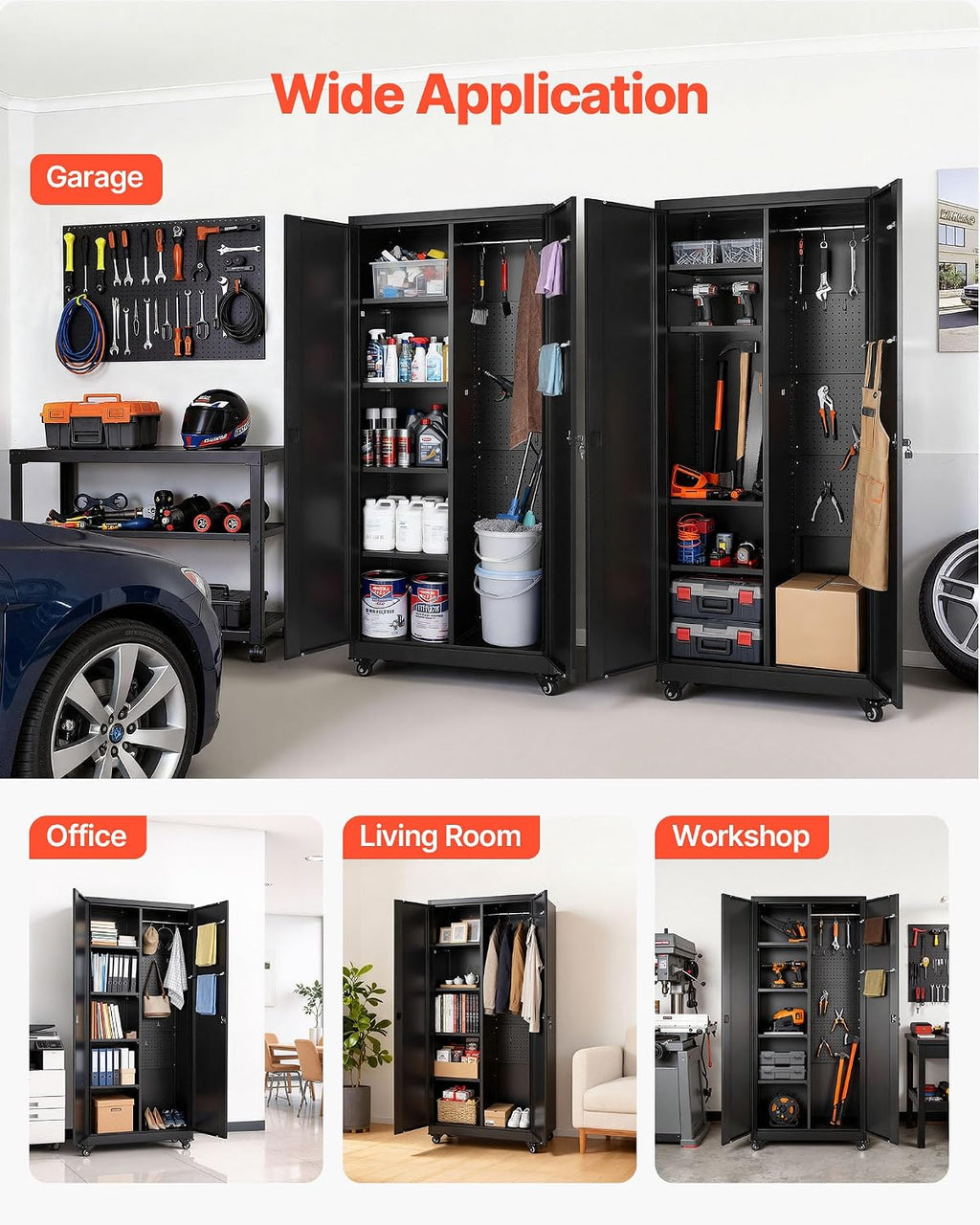 VEVOR Metal Storage Cabinet, 70.6 in Rolling Steel Garage Cabinet with Adjustable Shelves, 2 Magnetic Doors, Hanging Rod & 3 Rod Hooks, 5 Tiers Lockable Tool Storage for Pantry, Warehouse, Basement