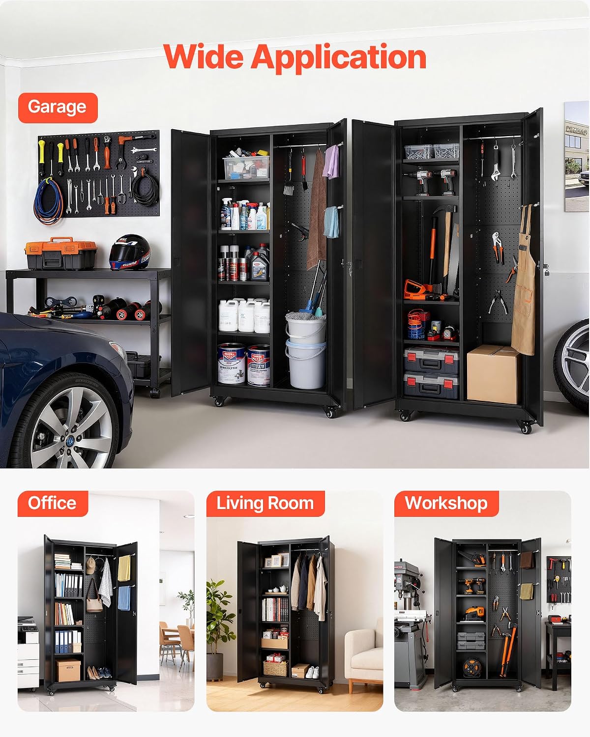 VEVOR Metal Storage Cabinet, 70.6 in Rolling Steel Garage Cabinet with Adjustable Shelves, 2 Magnetic Doors, Hanging Rod & 3 Rod Hooks, 5 Tiers Lockable Tool Storage for Pantry, Warehouse, Basement