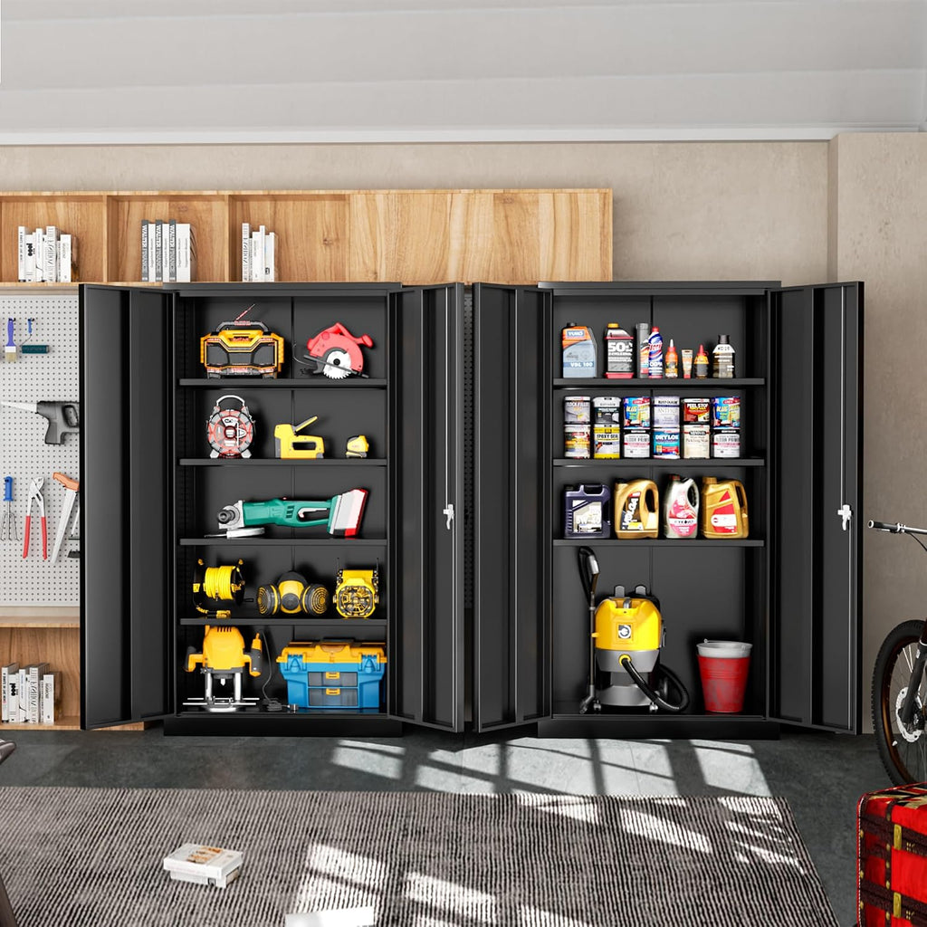 Greenvelly 72' H Metal Storage Cabinet with 2 Doors and 4 Adjustable Shelves, Black Metal Cabinet with Lock,Garage Cabinets Steel Tool Cabinet for Office,Home, Garage, Gym, School