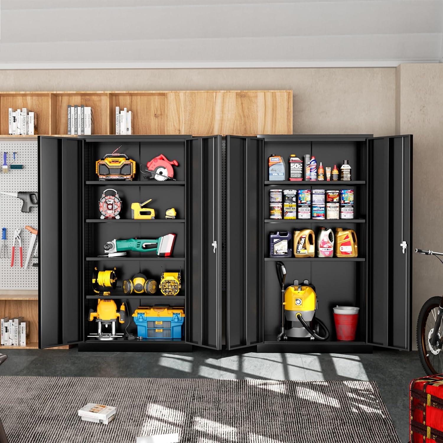 Greenvelly 72' H Metal Storage Cabinet with 2 Doors and 4 Adjustable Shelves, Black Metal Cabinet with Lock,Garage Cabinets Steel Tool Cabinet for Office,Home, Garage, Gym, School